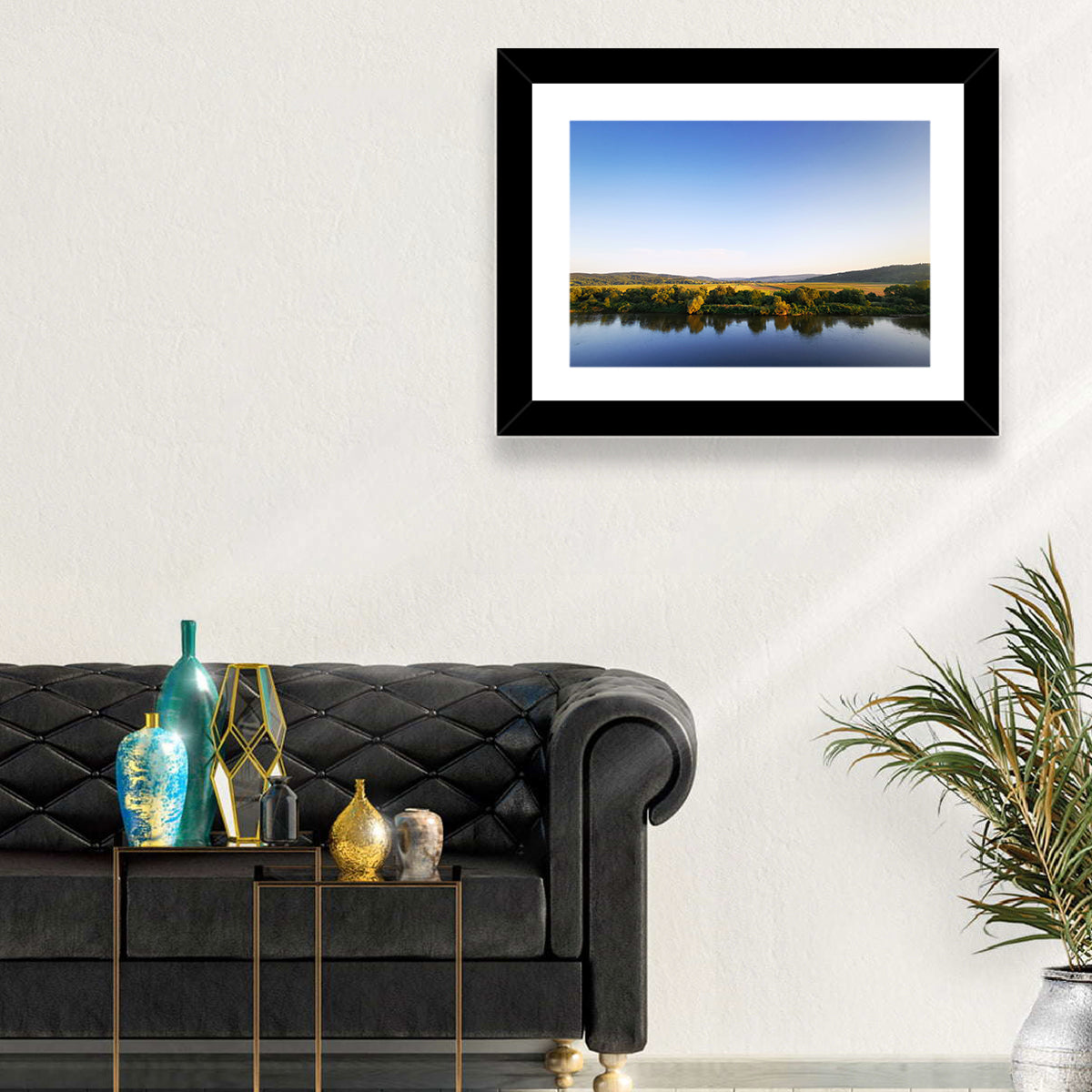 Peaceful River Sunset Wall Art in a room, landscape