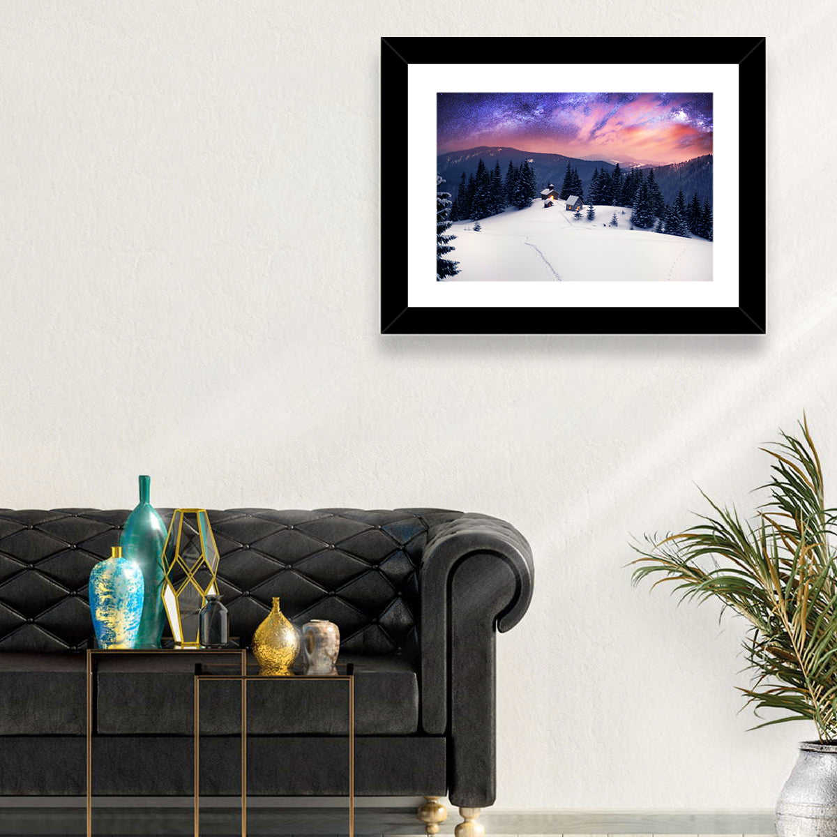 Starry Winter Cabins Under the Milky Way Wall Art in a room, landscape