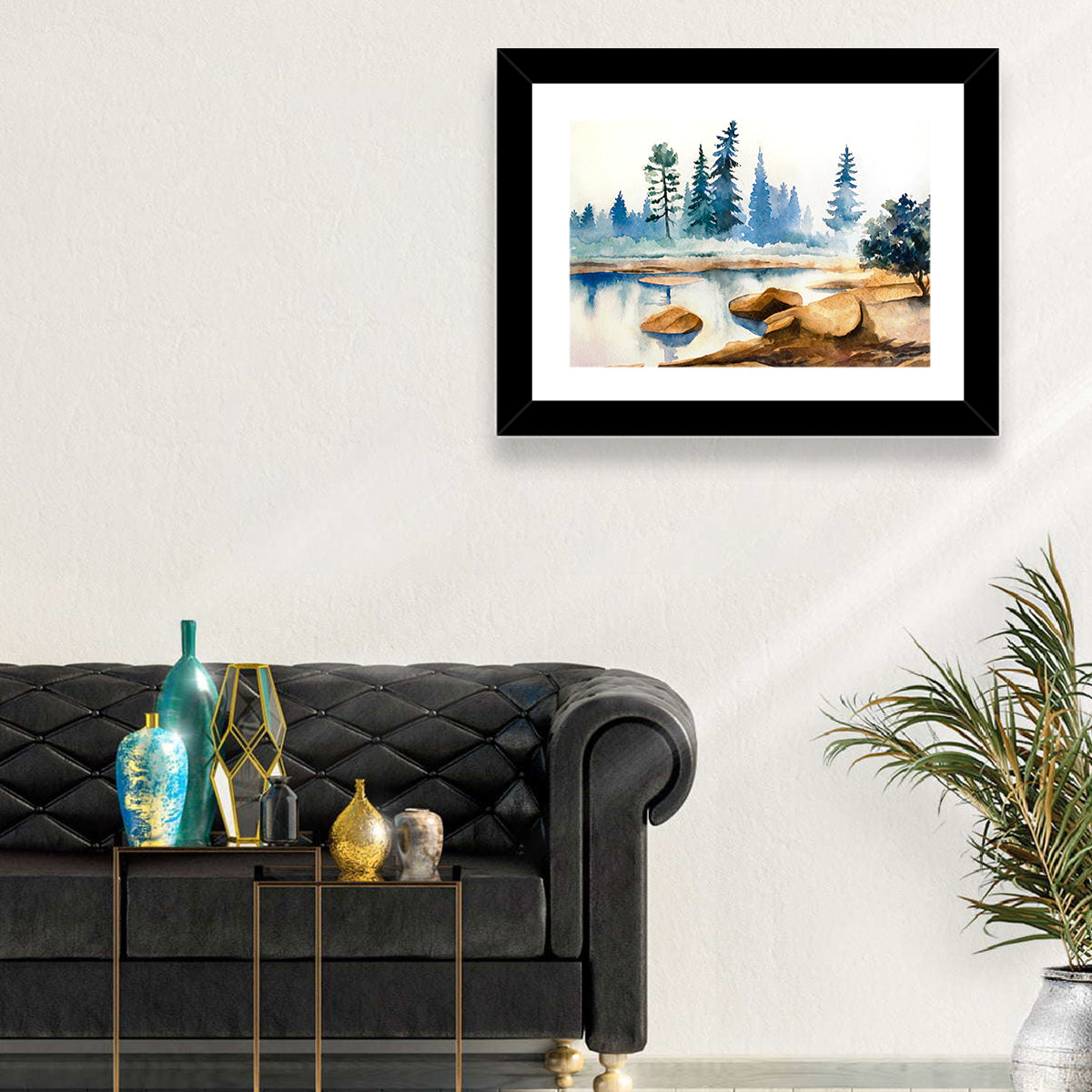 Misty Pine Stream Wall Art in a room, landscape