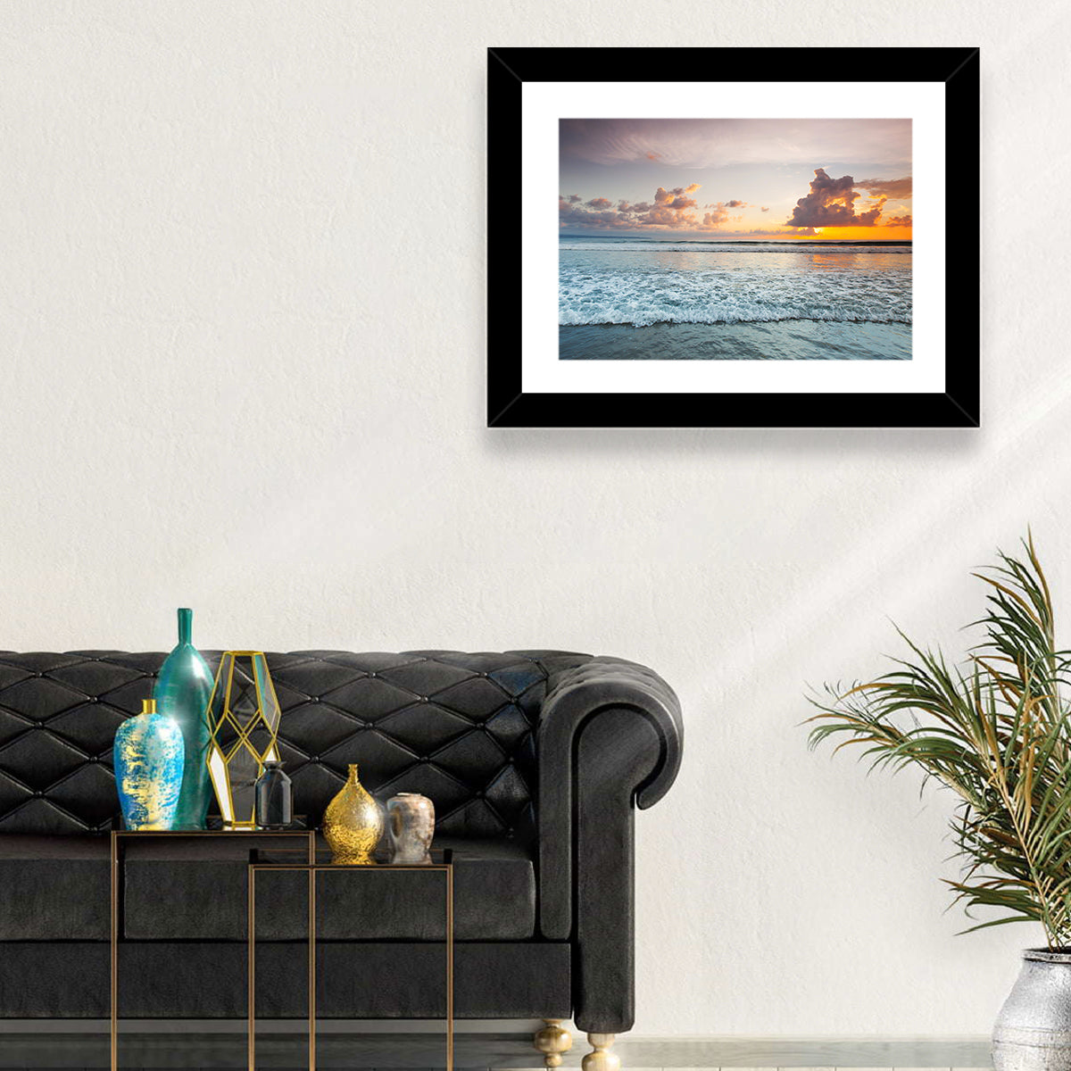 Golden Hour Beach Sunset Surf Wall Art in a room, landscape
