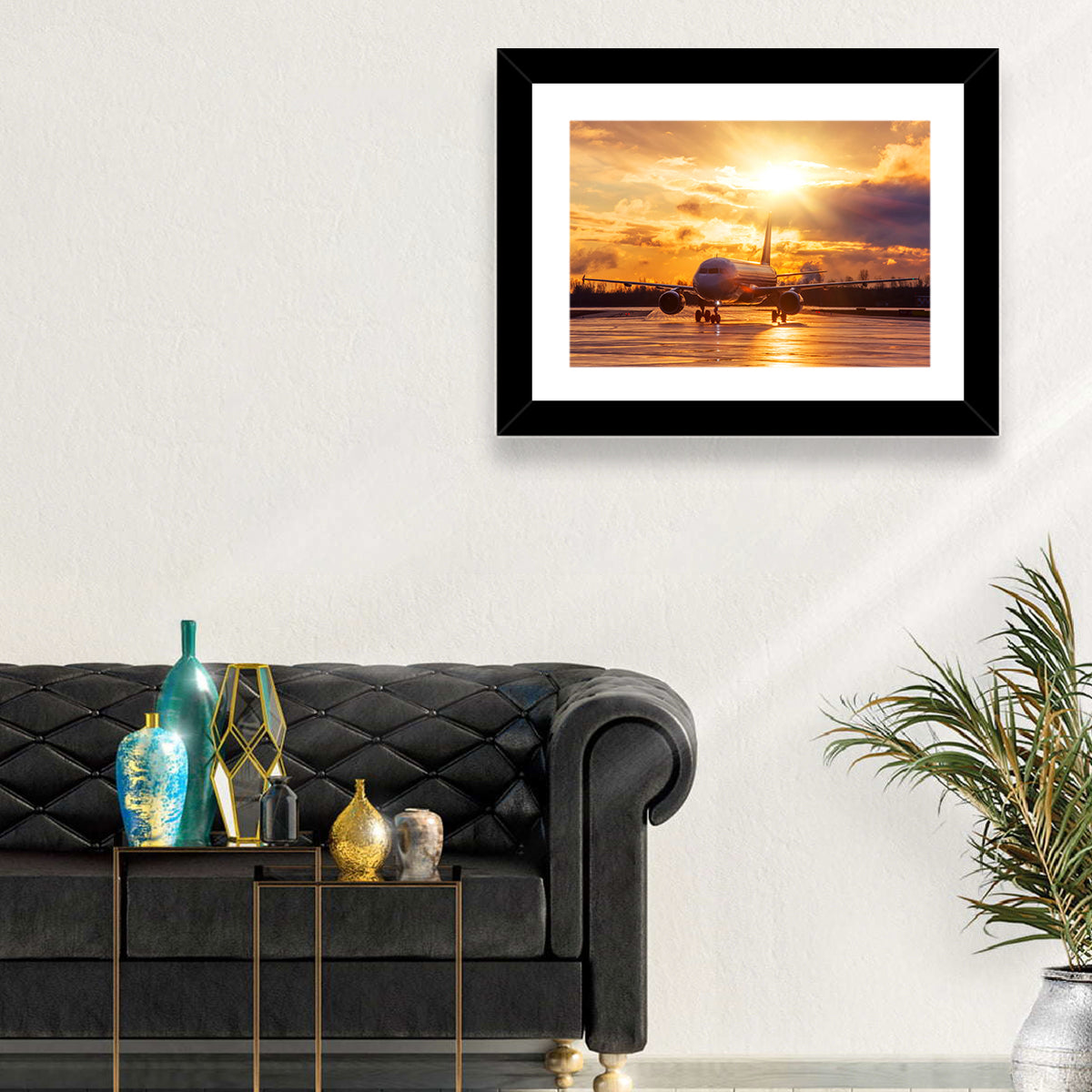 Golden Hour Airliner on Wet Runway Wall Art in a room, landscape
