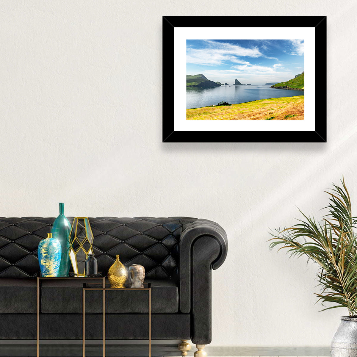 Tindhólmur and Drangarnir Coastal Bay Wall Art in a room, landscape