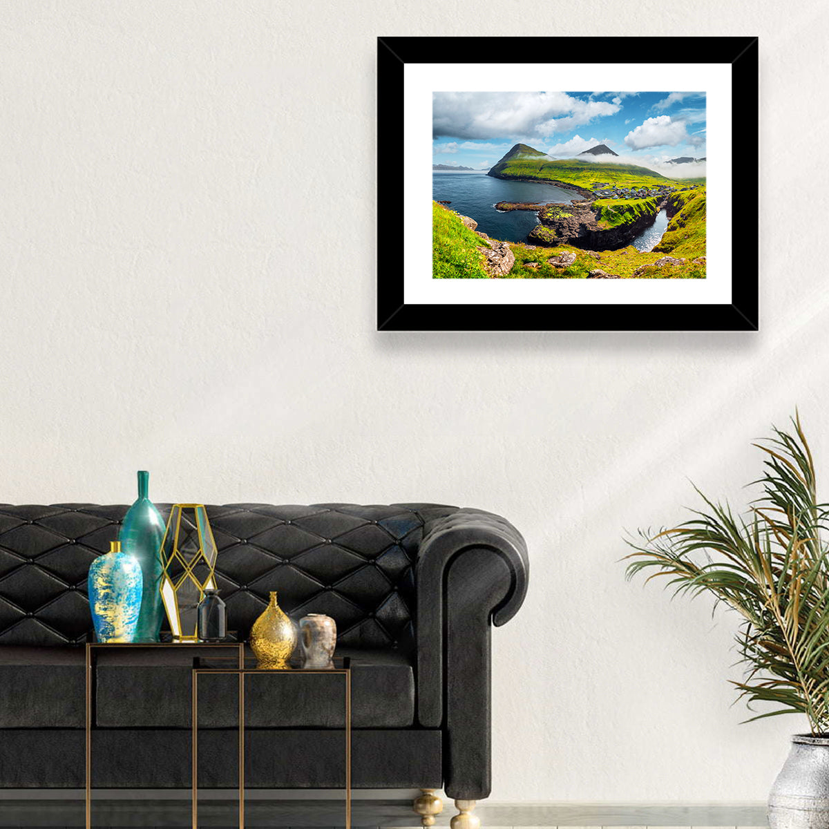 Gjógv Harbor Coastal Village Wall Art in a room, landscape