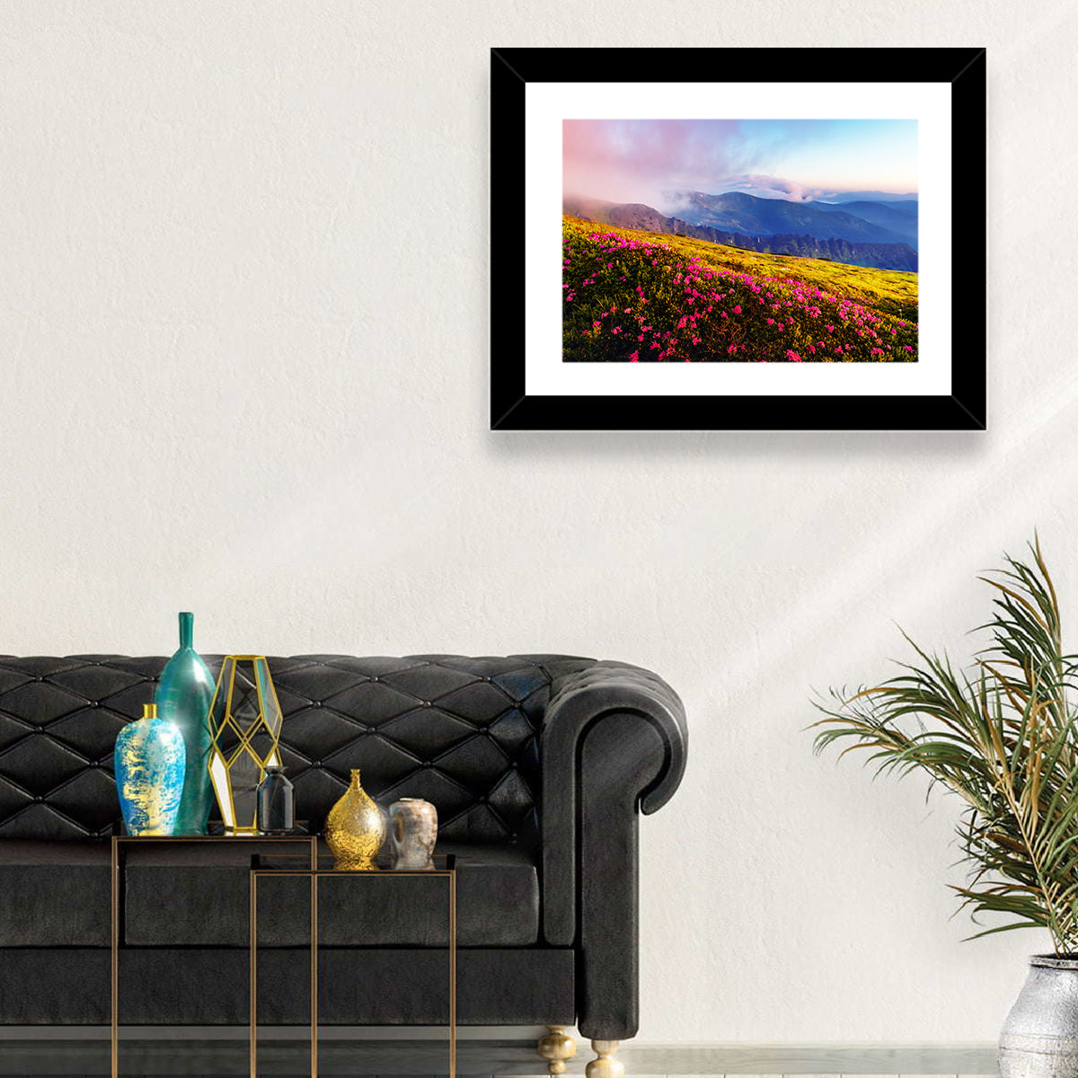 Alpine Rhododendron Meadow at Golden Hour Wall Art in a room, landscape