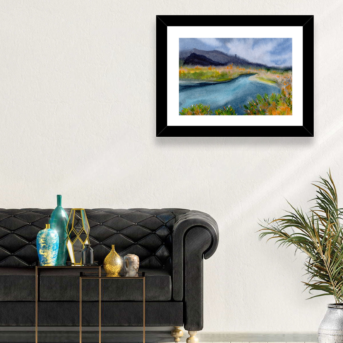 Misty Autumn River and Mountain Landscape Wall Art