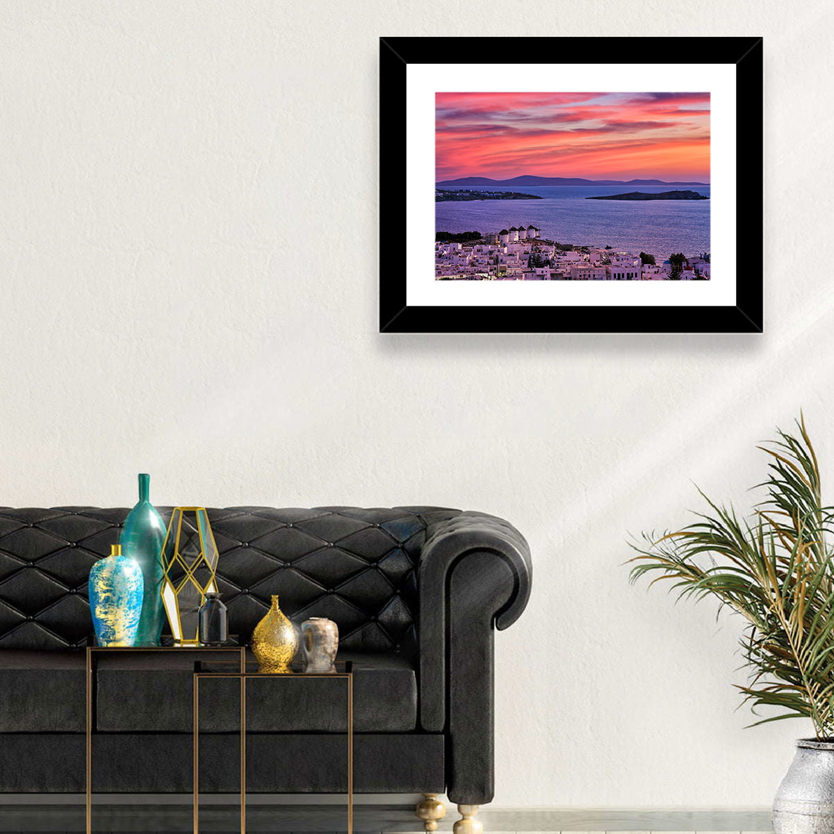 Mykonos Windmills at Sunset Wall Art in a room, landscape