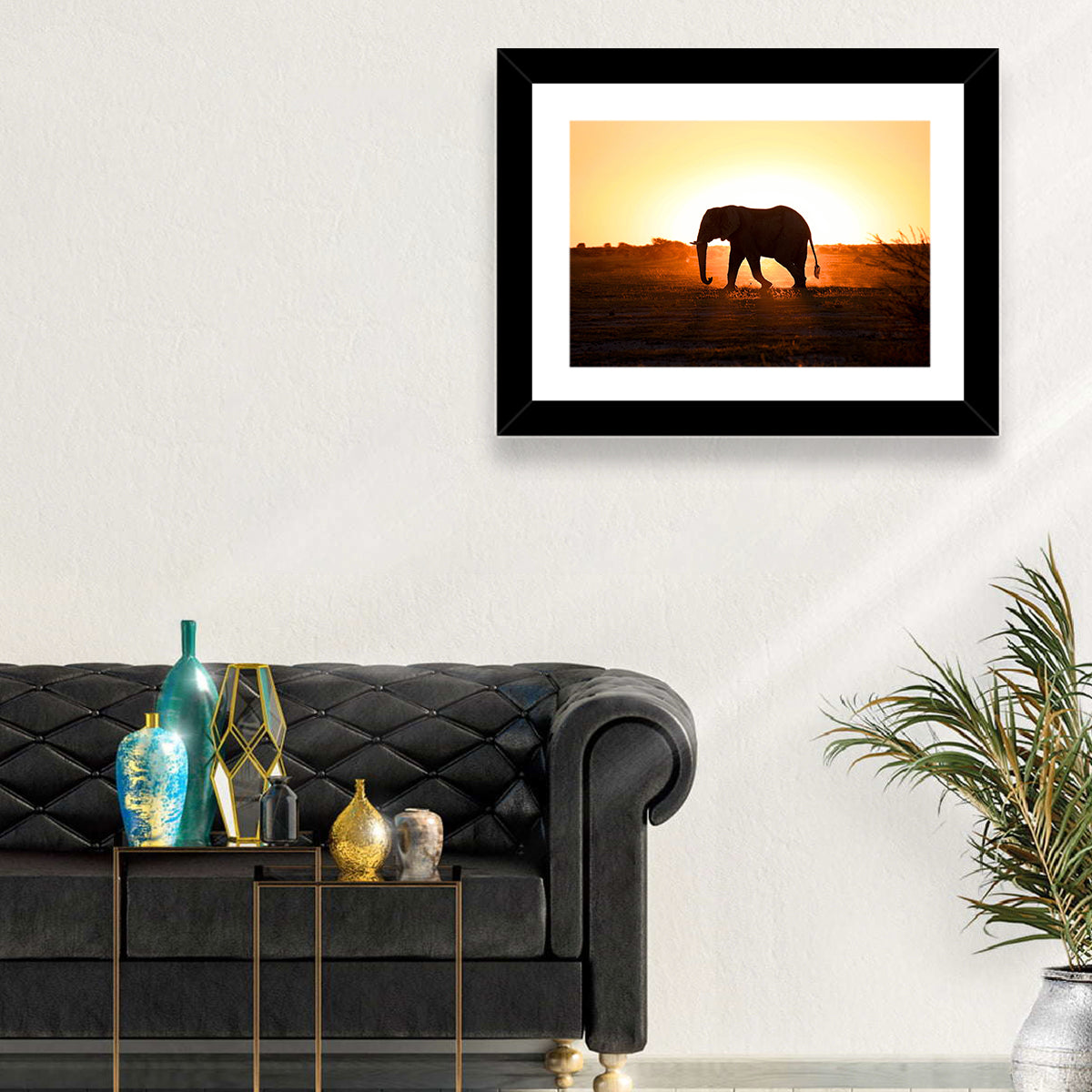 Golden Hour Elephant Silhouette Wall Art in a room, landscape