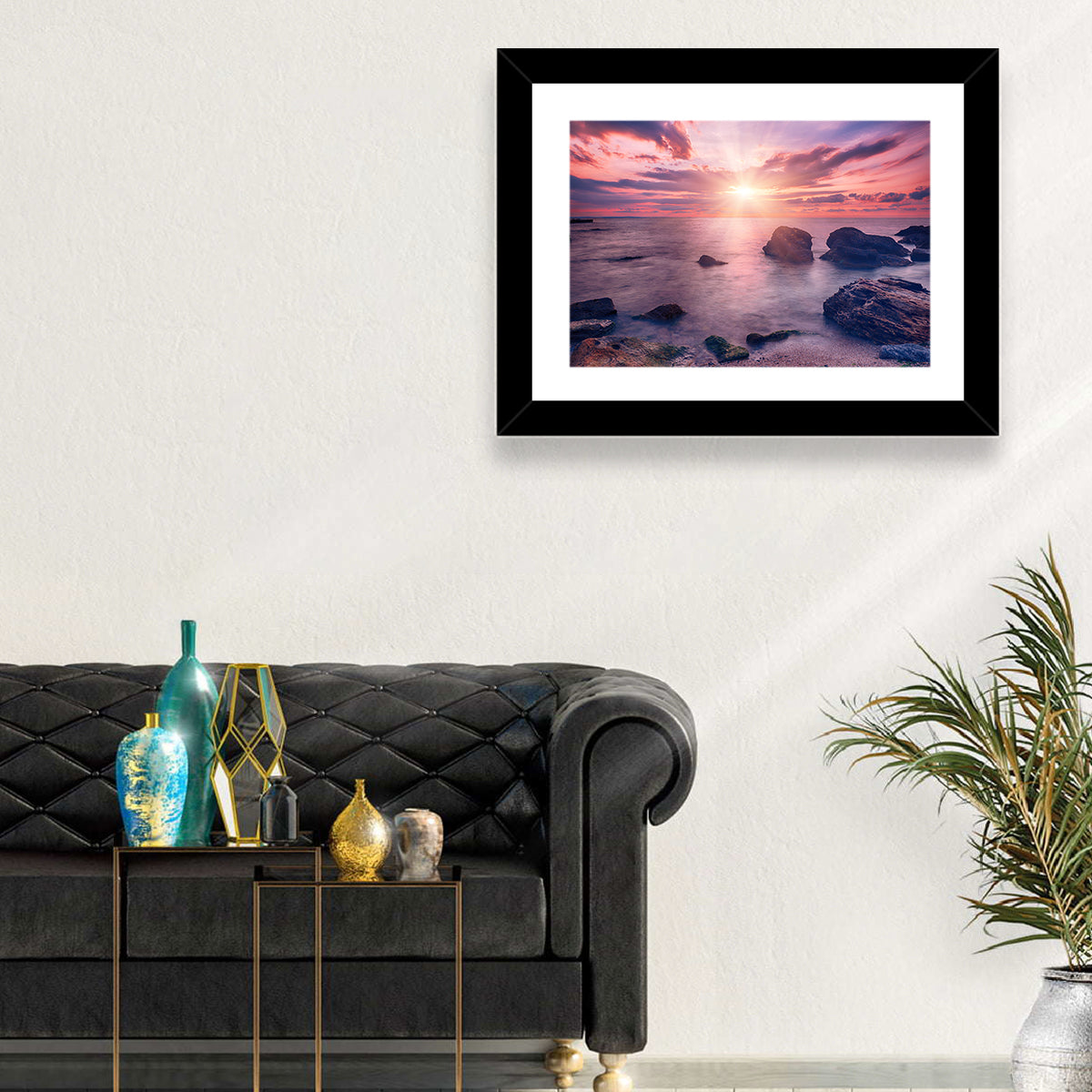 Ethereal Sea Sunrise Wall Art in a room, landscape