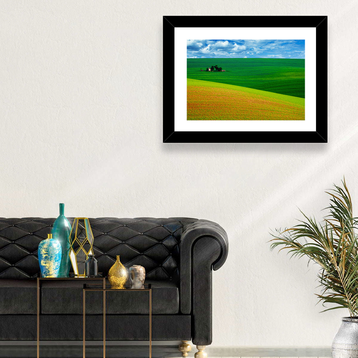 Golden Field and Green Hillside Wall Art in a room, landscape