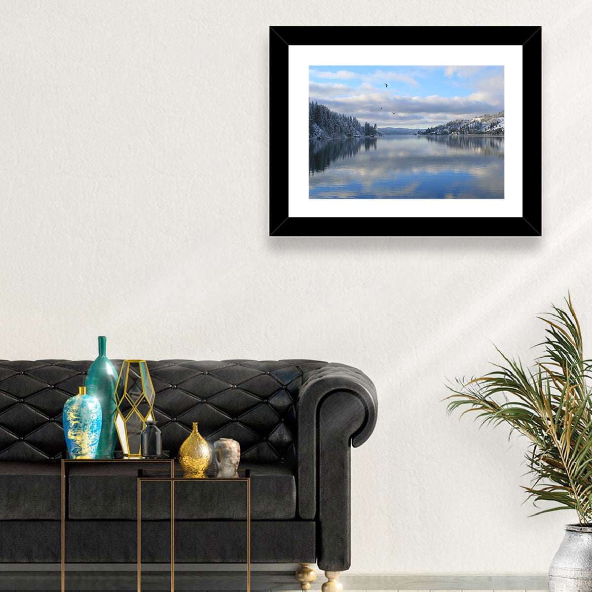 Coeur D Alene Winter Lake Reflection Wall Art in a room, landscape