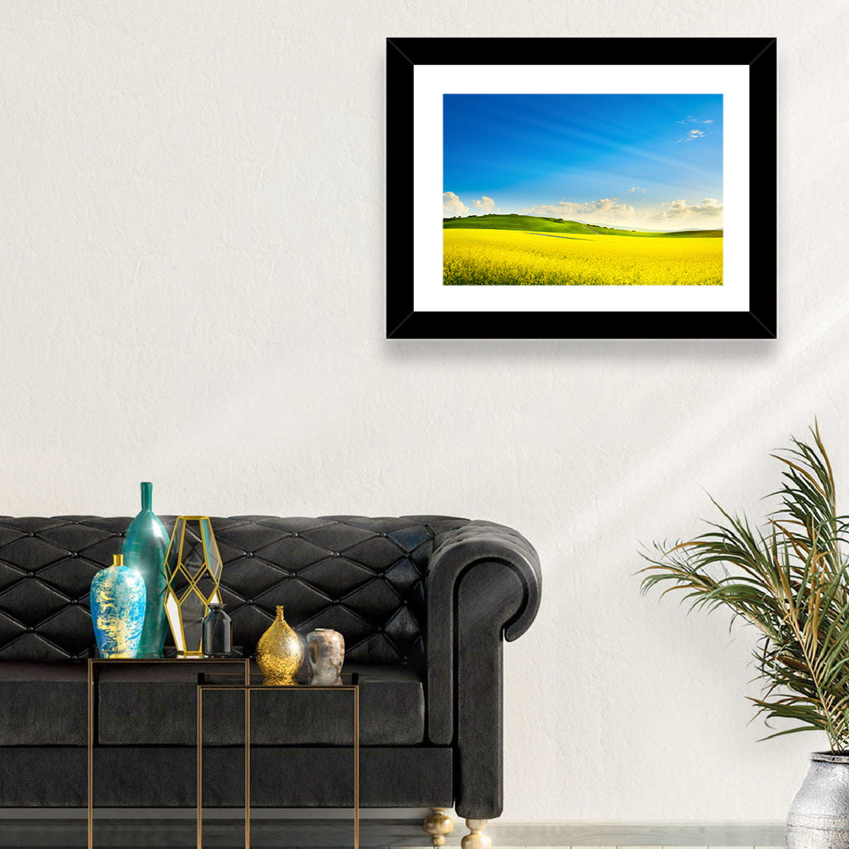 Rapeseed Field and Rolling Hills Under Blue Sky Wall Art in a room, landscape