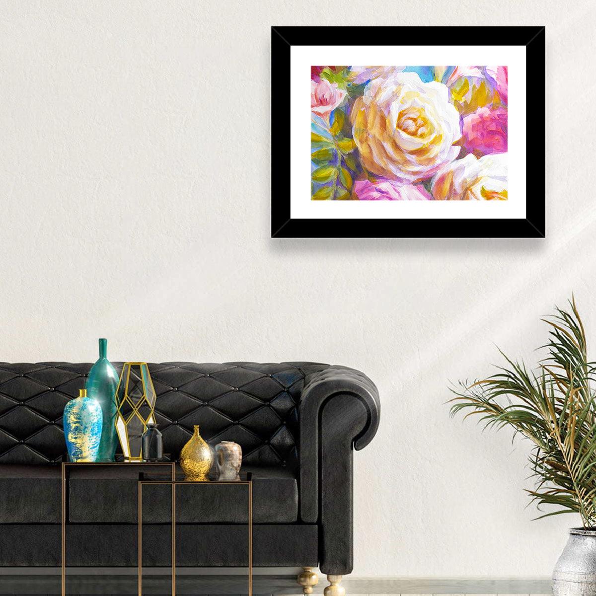 White and Gold Rose Bouquet Wall Art in a room, landscape