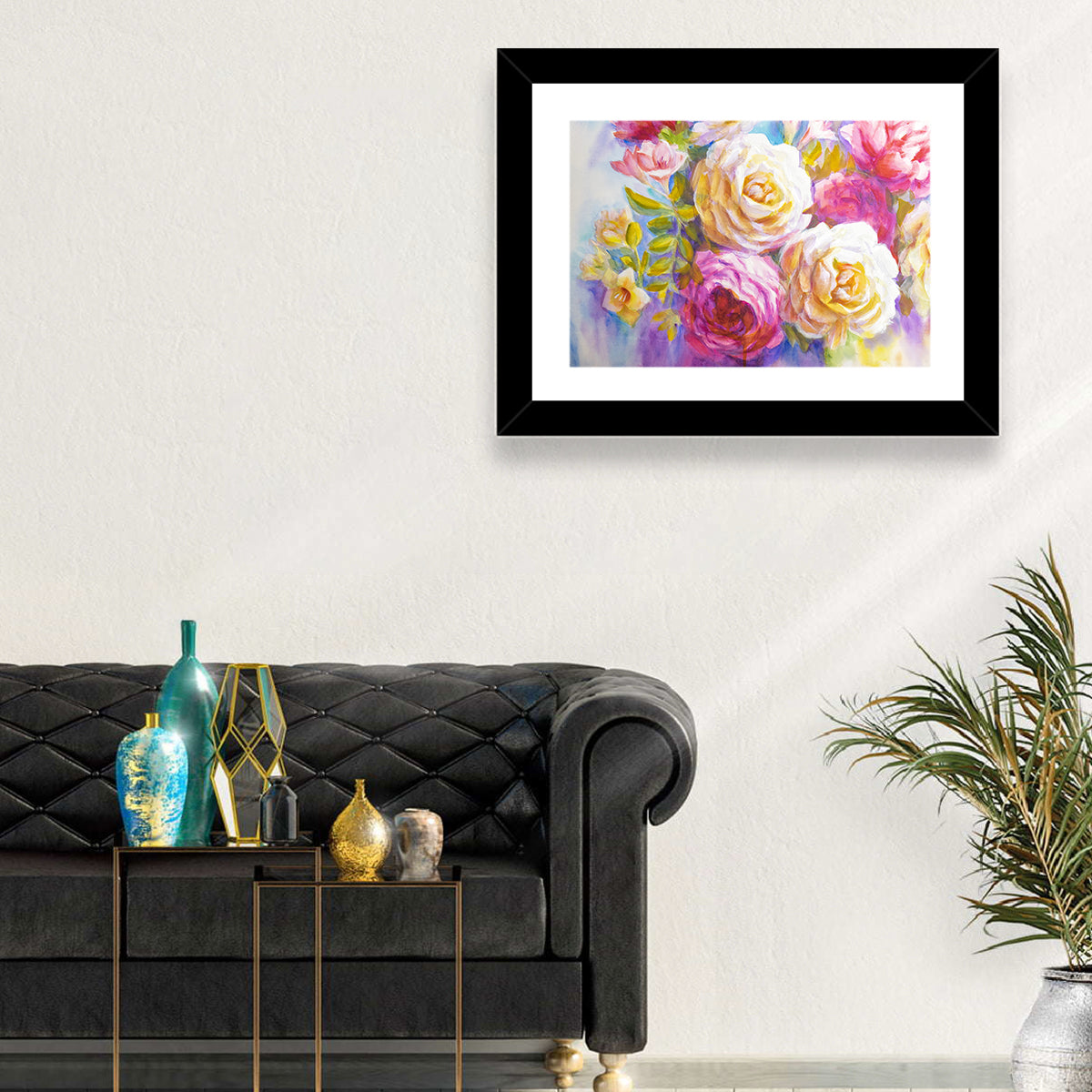 Layered Watercolor Rose Bouquet Wall Art in a room, landscape