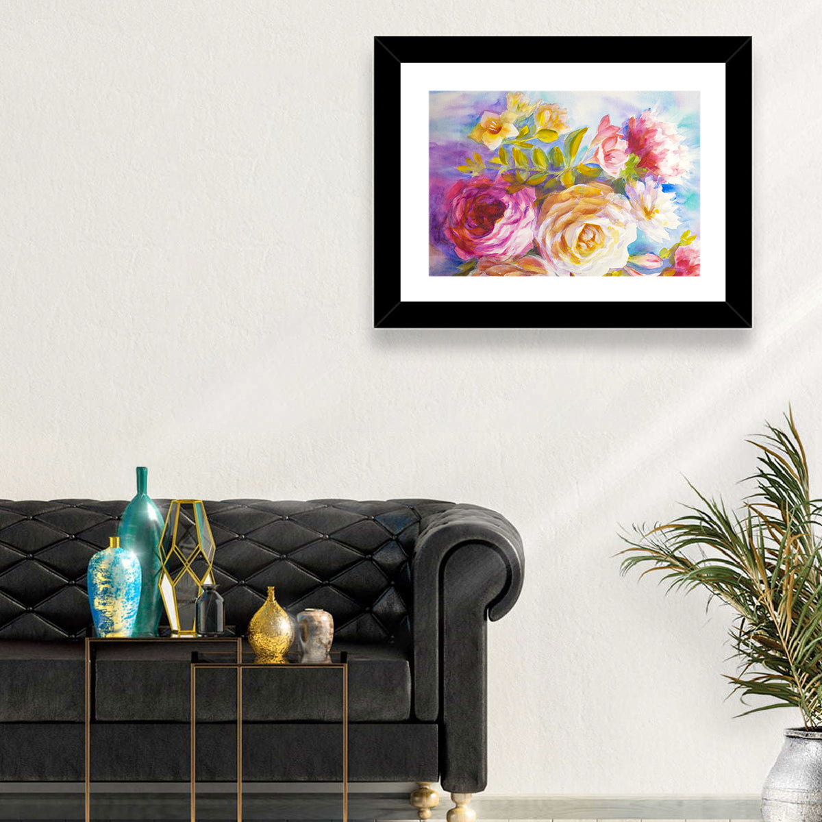 Painterly Peonies and Rose Bouquet Wall Art in a room, landscape