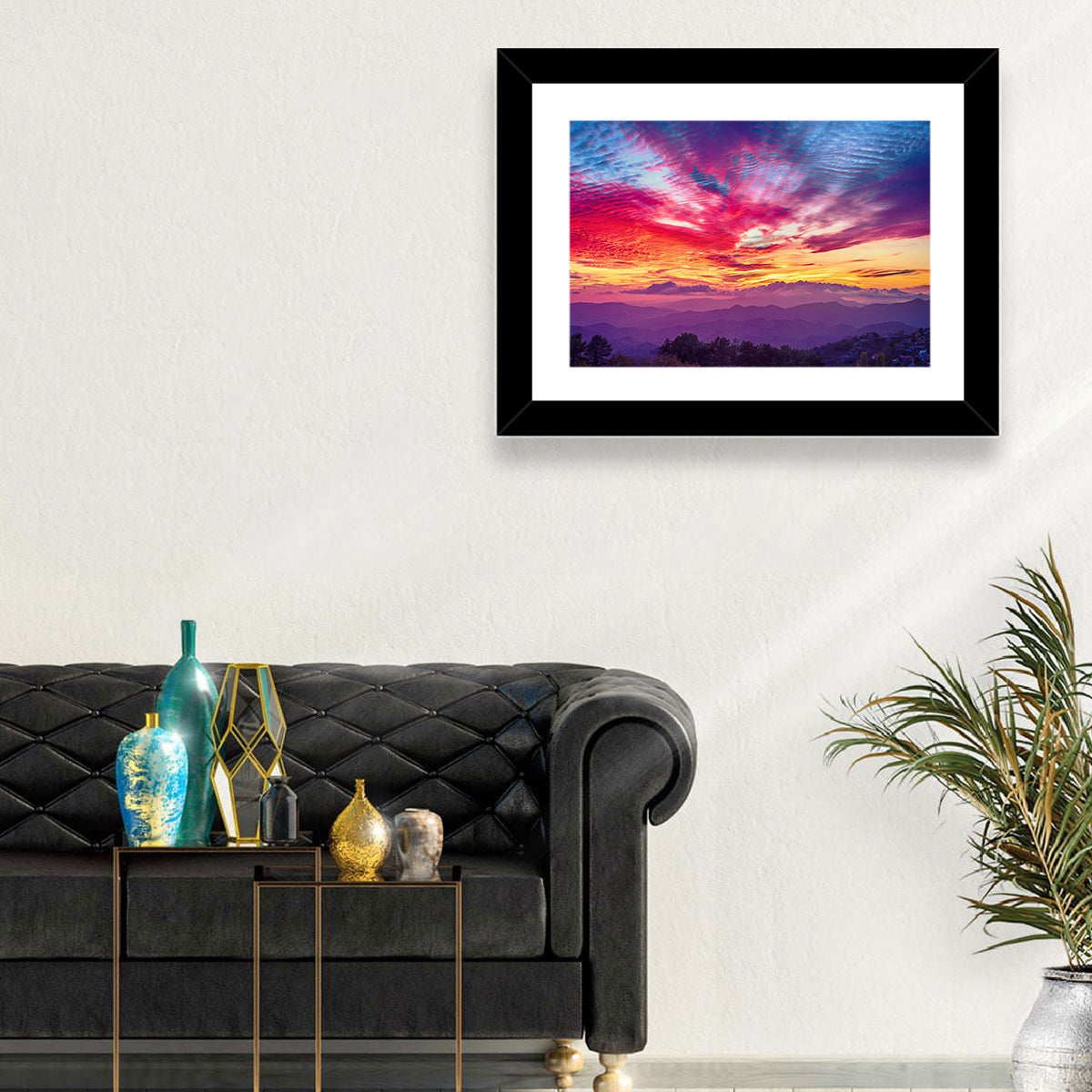 Golden Dusk Cloud Mountains Wall Art in a room, landscape