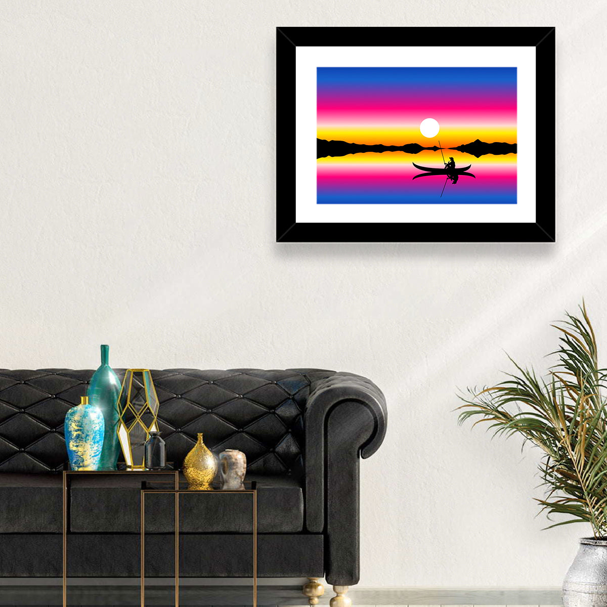 Fisherman Silhouette at Sunset Wall Art in a room, landscape