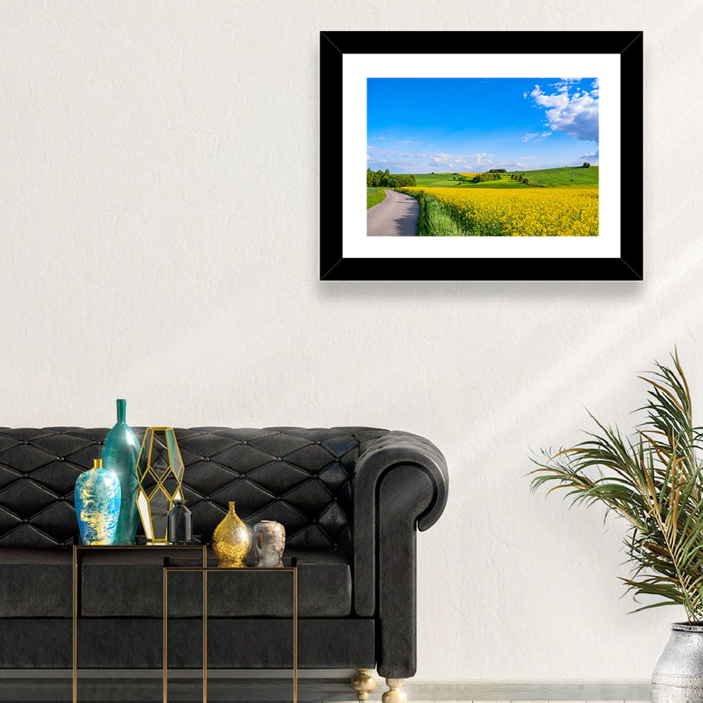 Rapeseed Field Road Under Blue Sky Wall Art