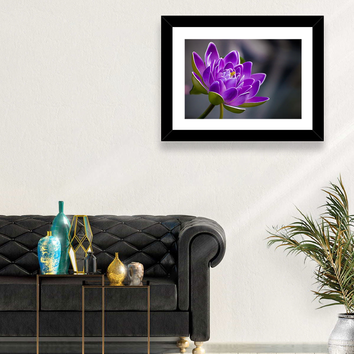Purple Water Lily Close-up Wall Art in a room, landscape