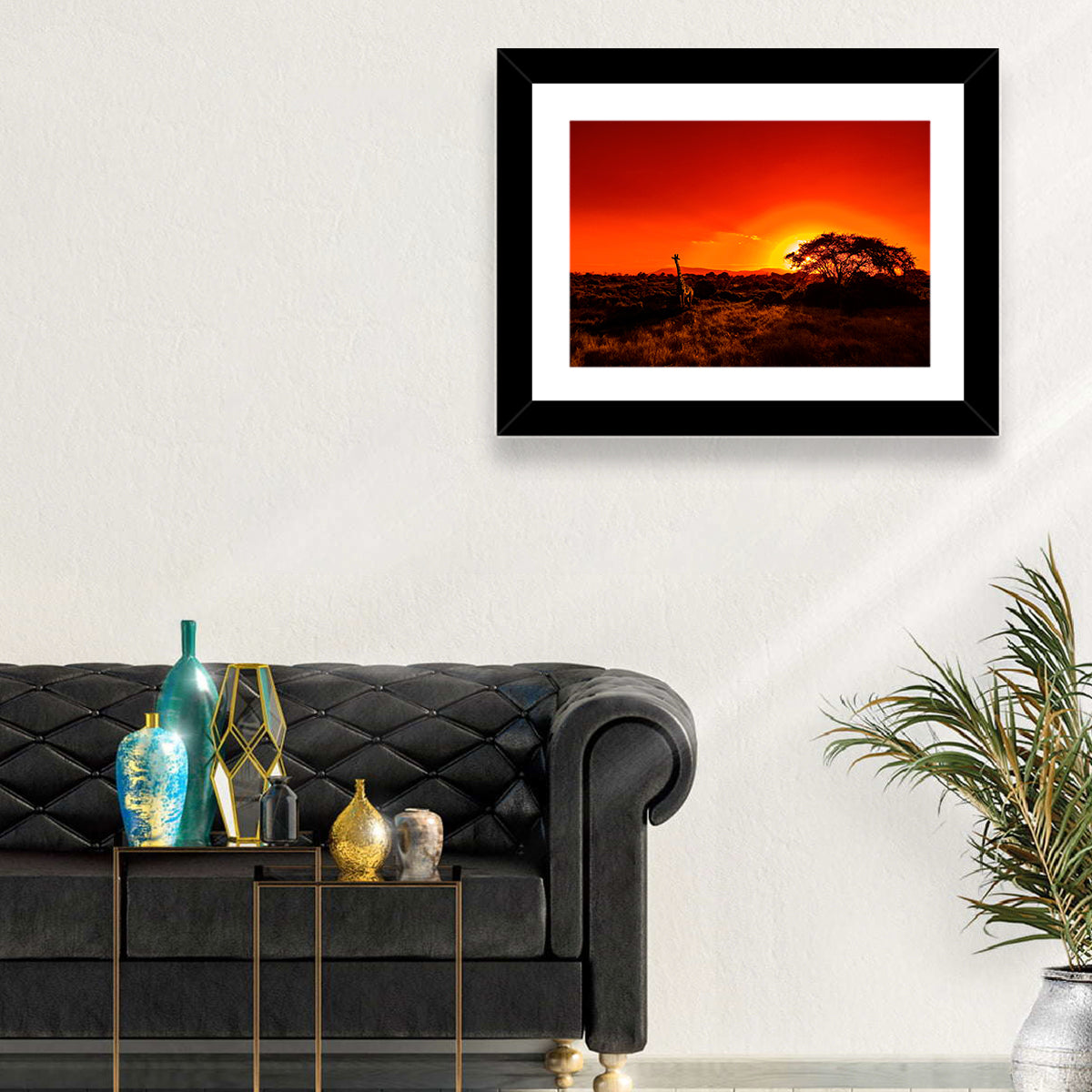 Savanna Sunset with Giraffe Wall Art in a room, landscape