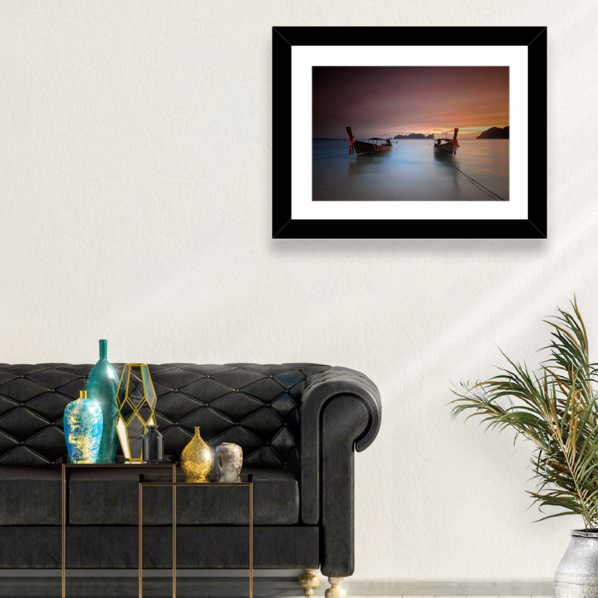 Phi Phi Longtail Boats at Golden Hour Wall Art in a room, landscape