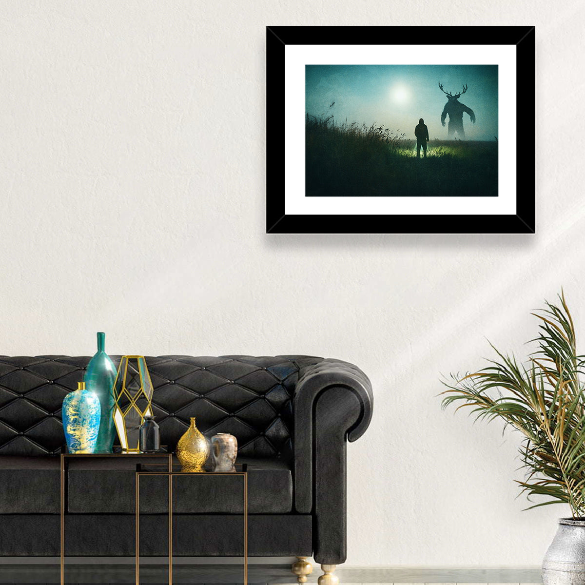 Antlered Shadow in Mist Wall Art in a room, landscape