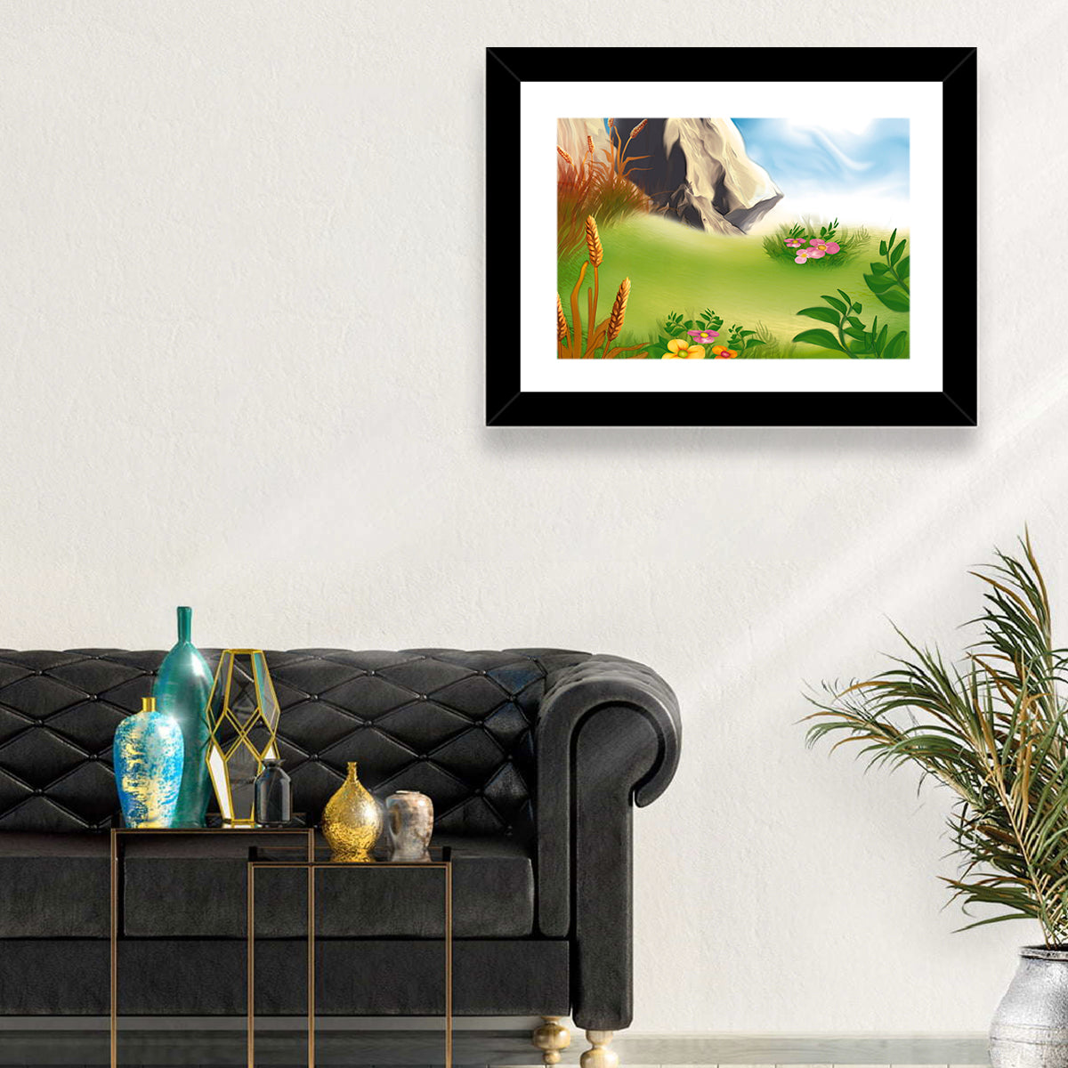 Sunny Mountain Meadow Illustration Wall Art