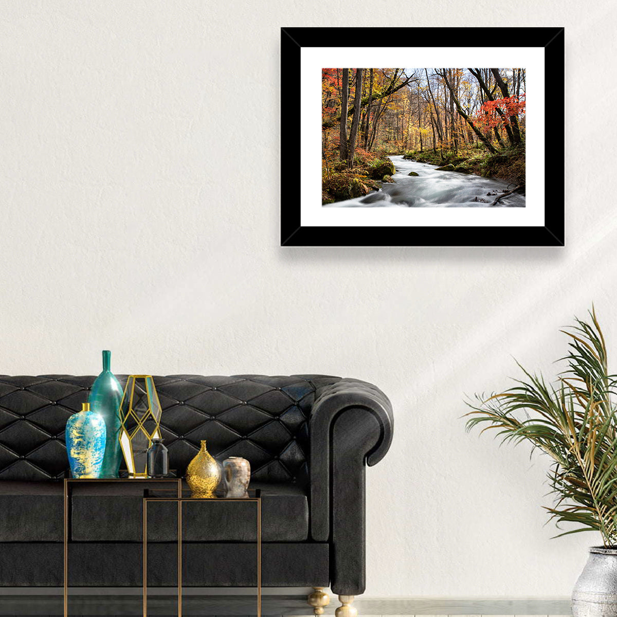 Sunlit Forest Stream Wall Art in a room, landscape