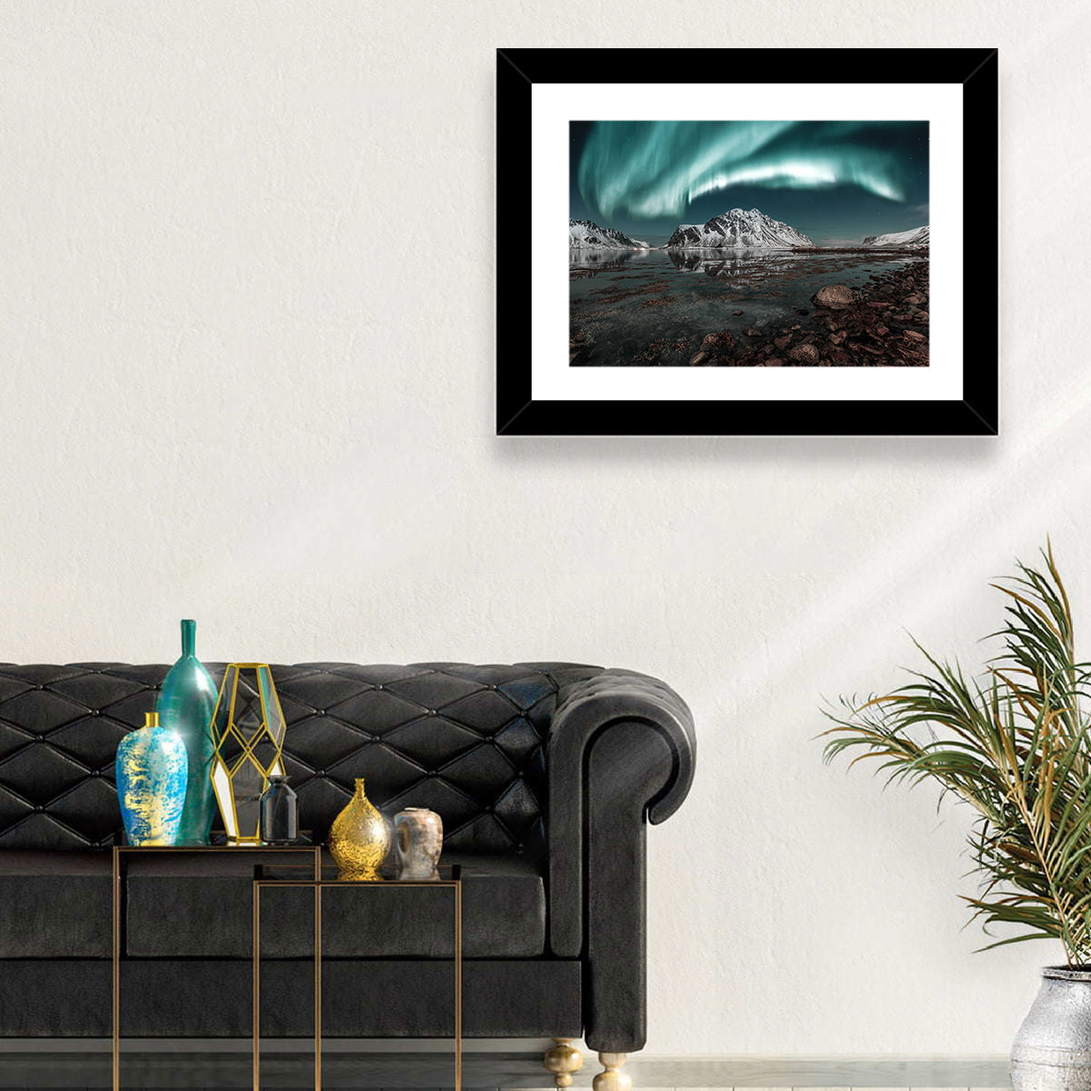Lofoten Aurora Reflection Wall Art in a room, landscape