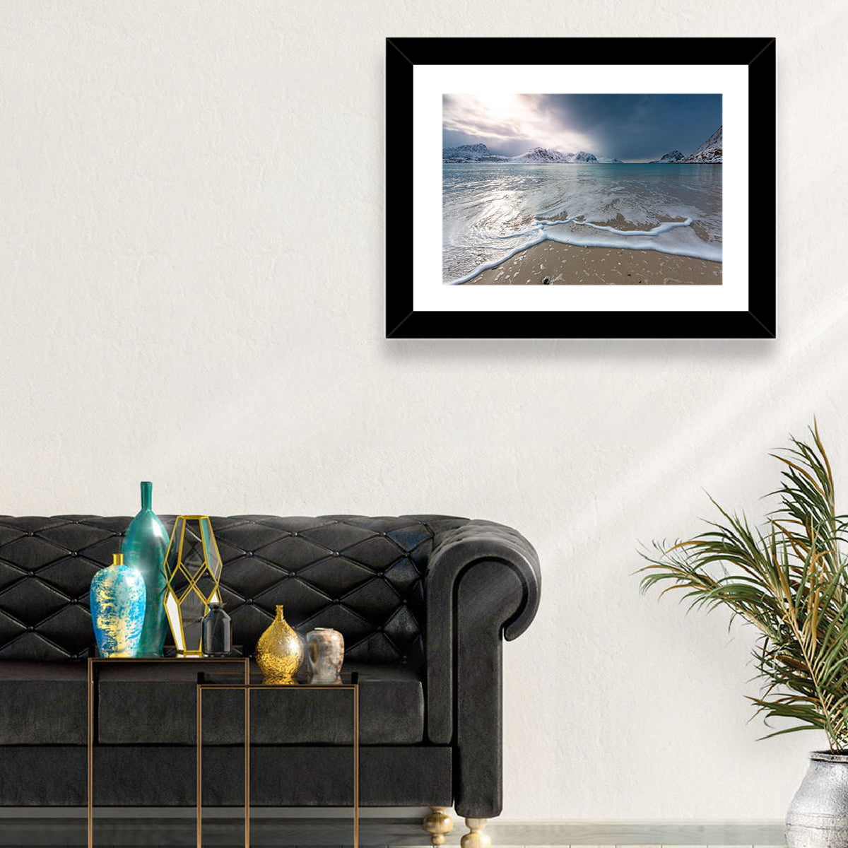 Haukland Beach Winter Light Wall Art in a room, landscape