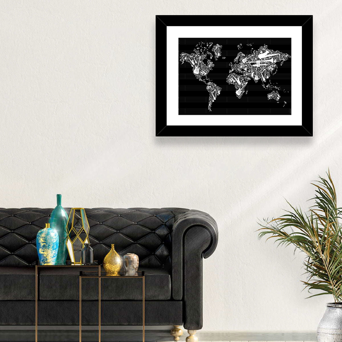 Instrument Silhouette World Map Wall Art in a room, landscape