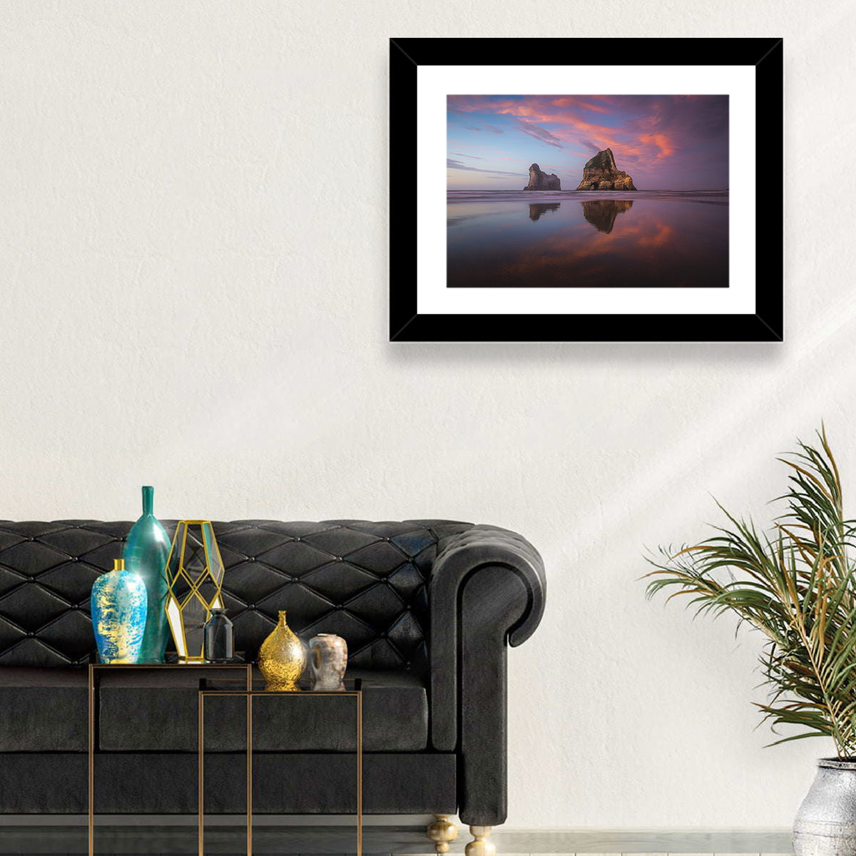 Wharariki Beach Sunrise Wall Art in a room, landscape