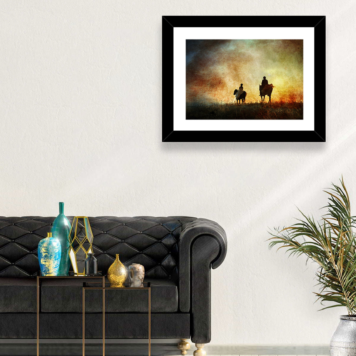 Silhouetted Horse Riders at Sunset Wall Art in a room, landscape
