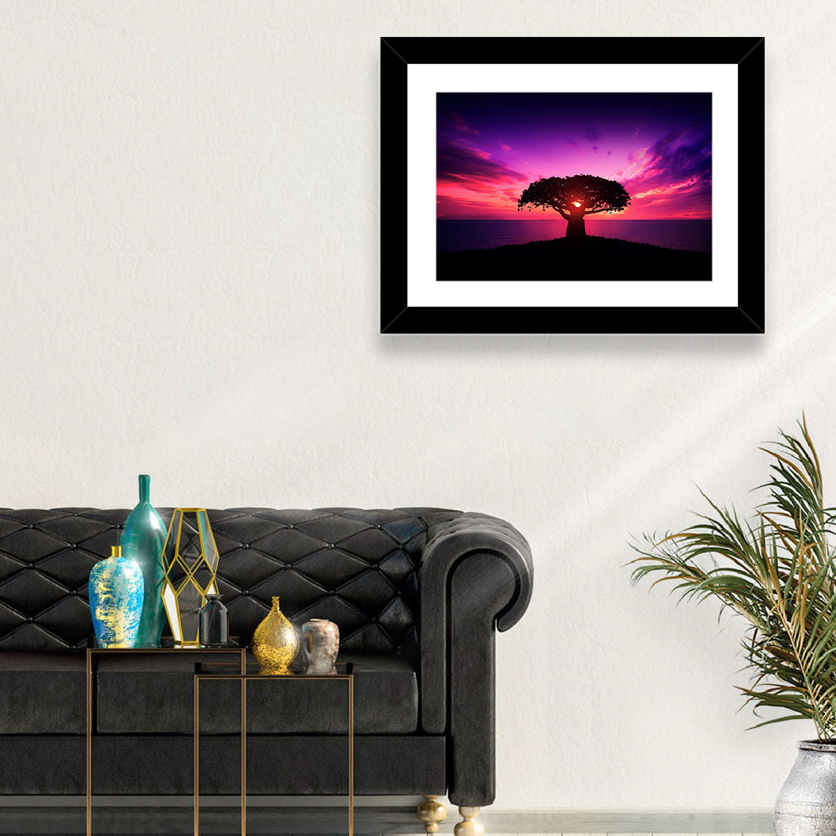 Baobab Sunset Silhouette Wall Art in a room, landscape