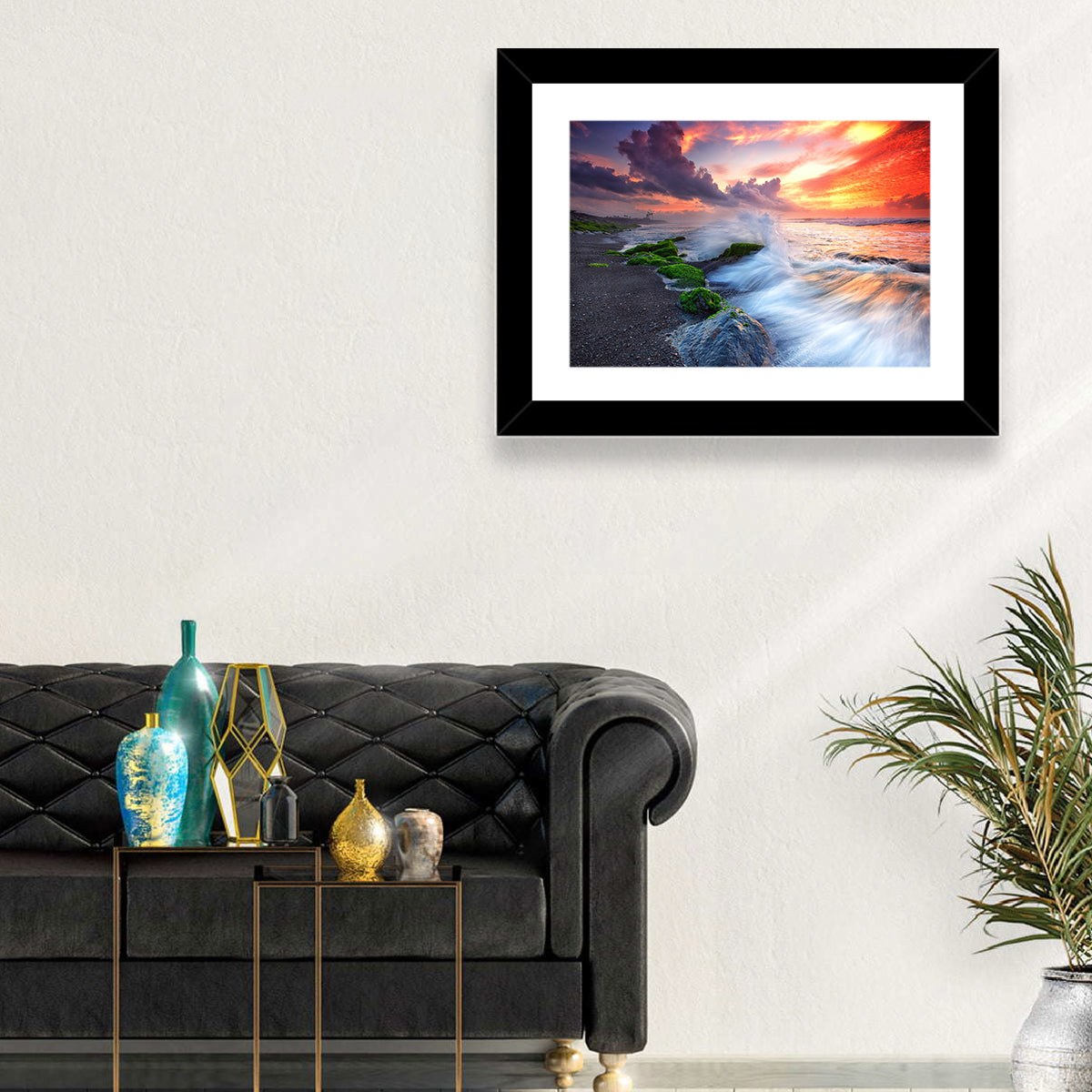 Ocean Waves Under Burning Sky Wall Art in a room, landscape