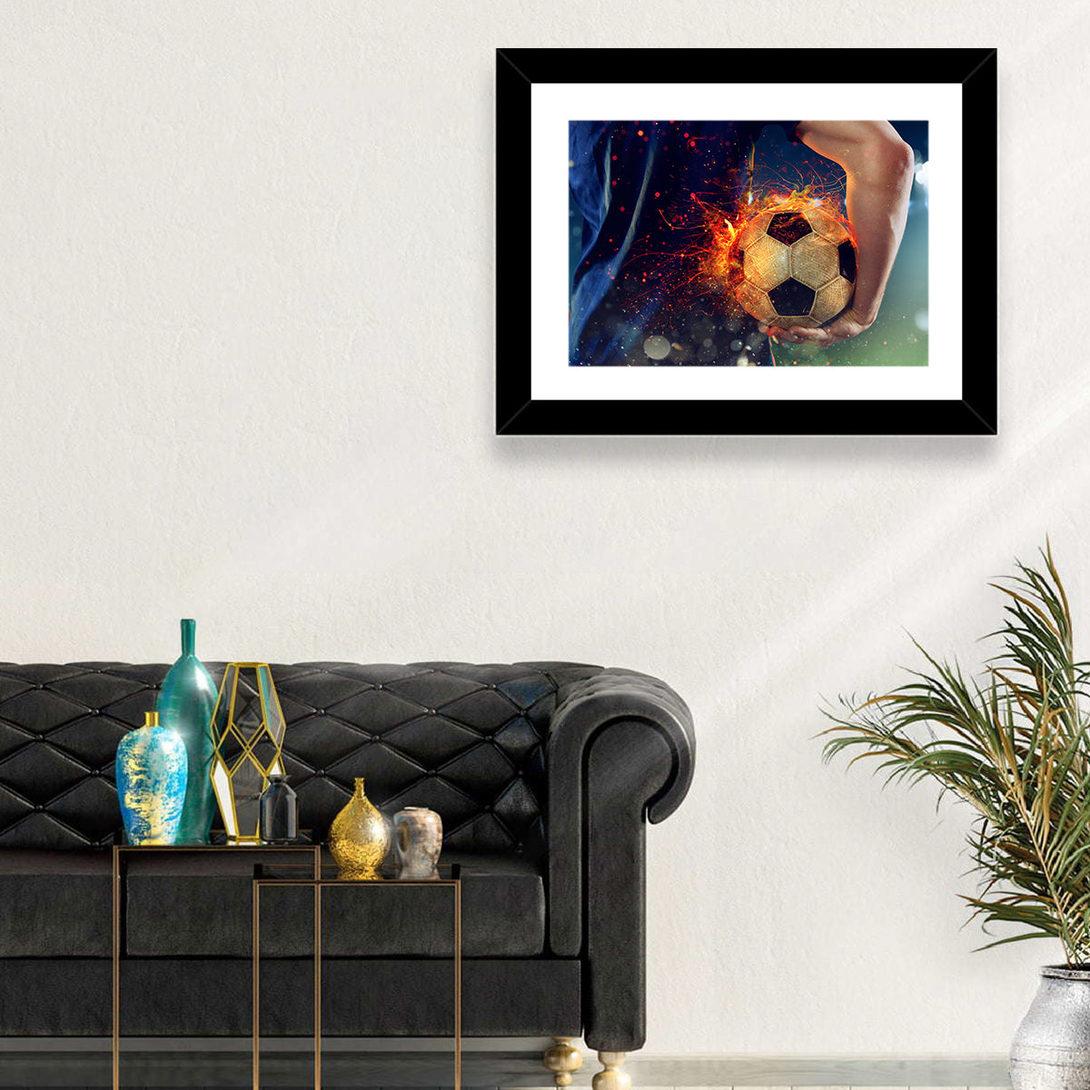 Fiery Soccer Ball and Blue Jersey Player Wall Art in a room, landscape