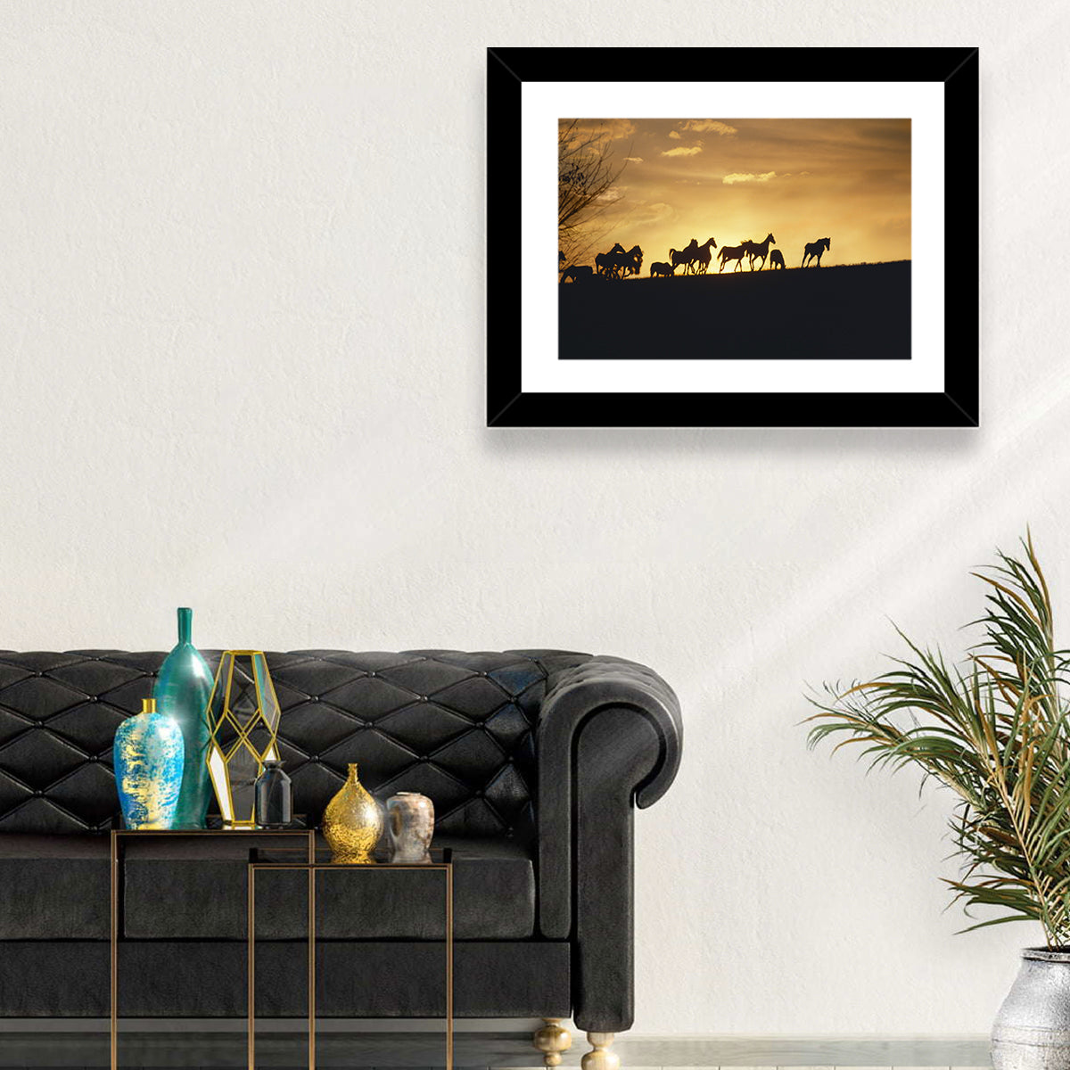 Mustang Silhouettes at Sunset Wall Art in a room, landscape