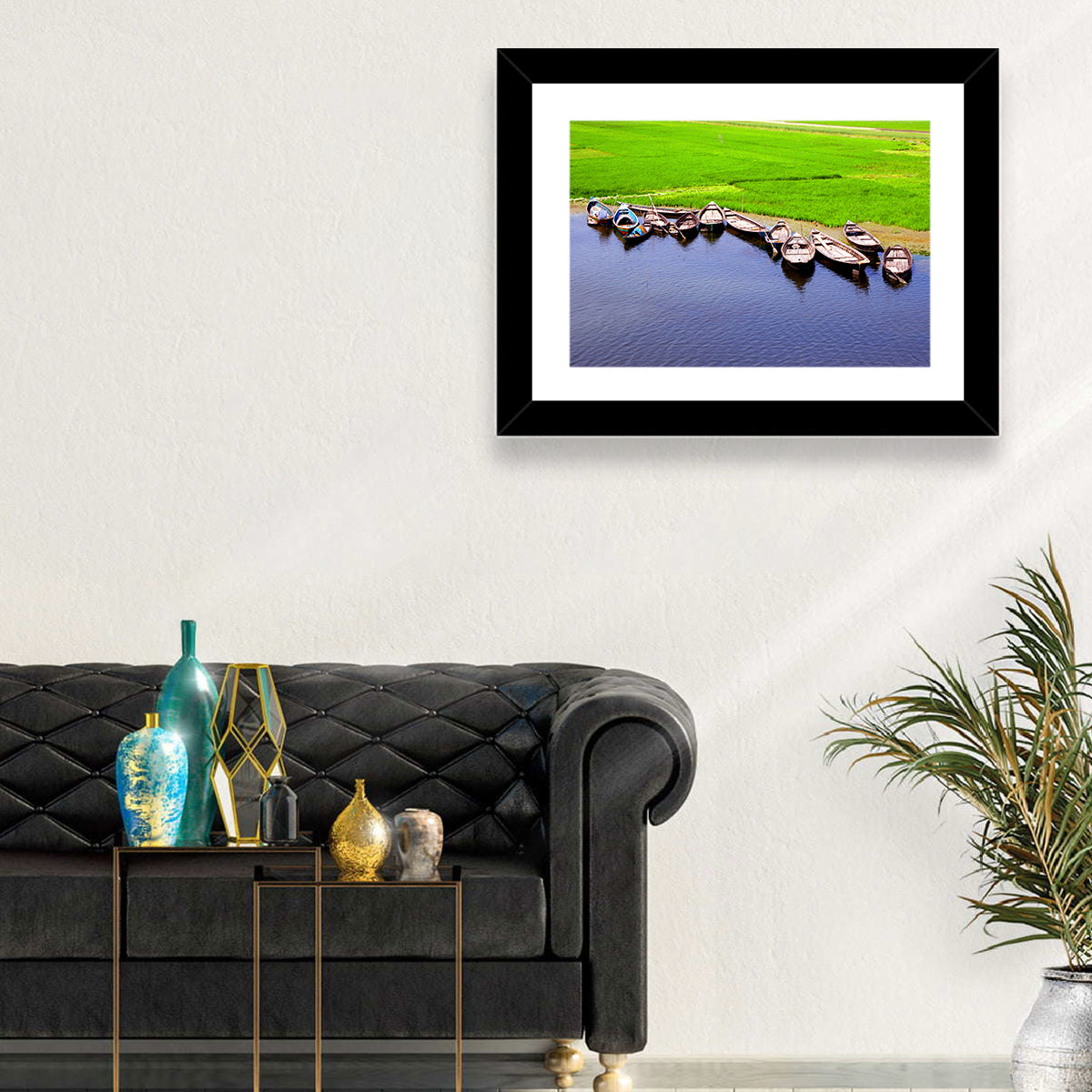 Boats at the Shoreline Wall Art in a room, landscape
