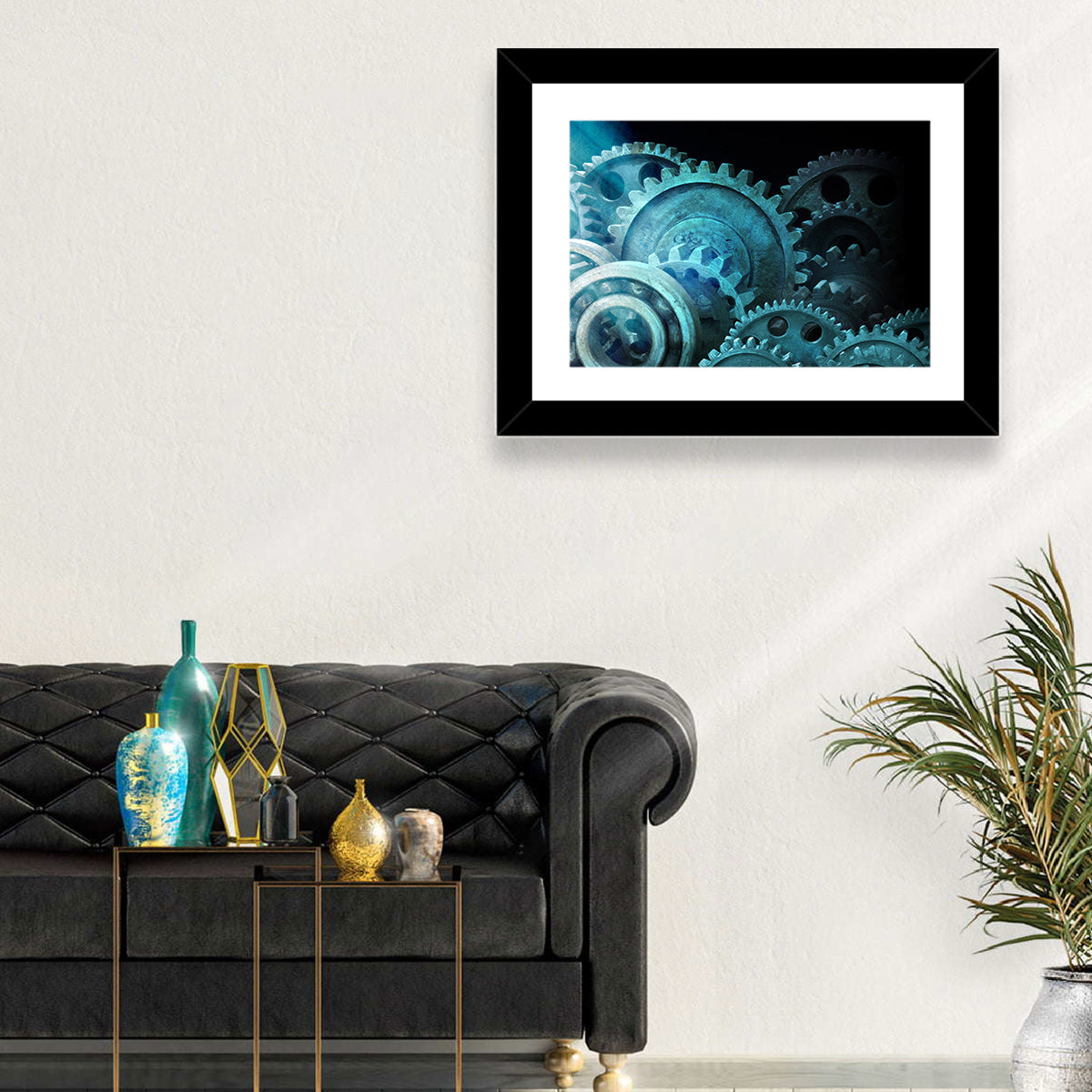 Teal and Steel Cogwheel Close-up Wall Art in a room, landscape