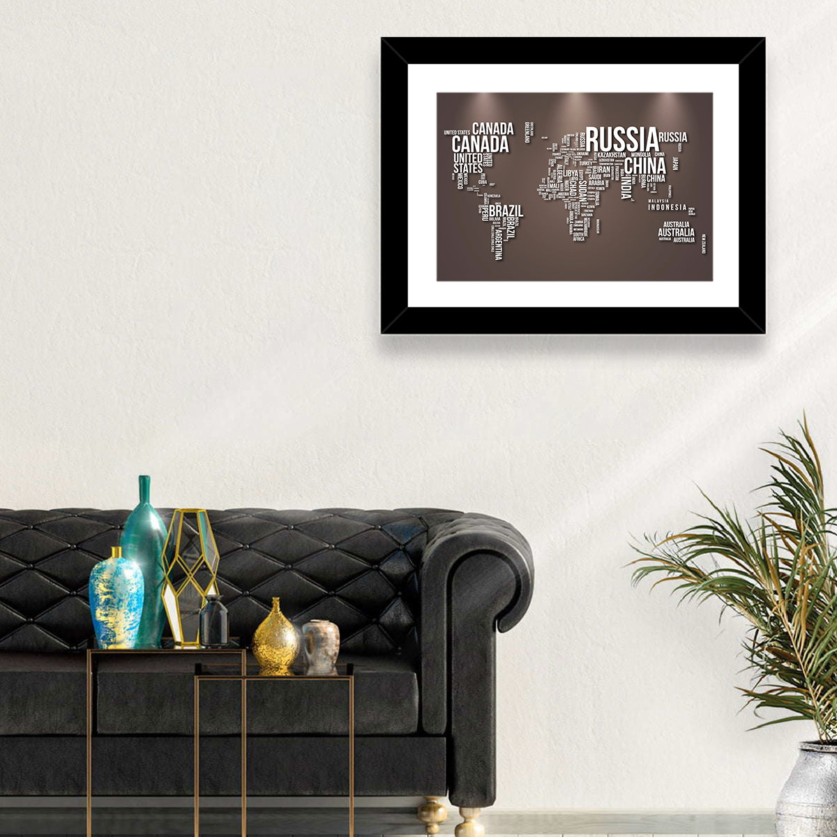World Map Typography in Brown and White Wall Art in a room, landscape