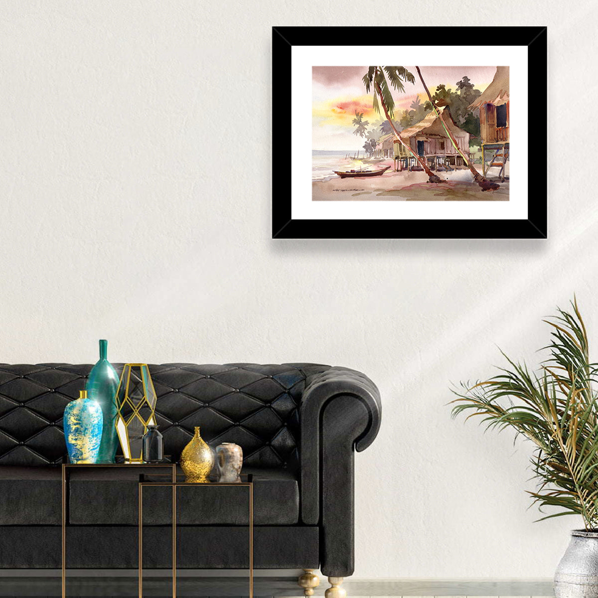 Malaysian Coastal Village at Sunset Wall Art in a room, landscape
