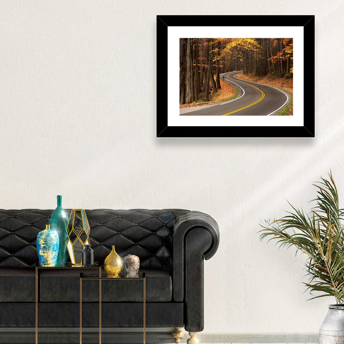 S-curve Road Through Autumn Forest Wall Art in a room, landscape