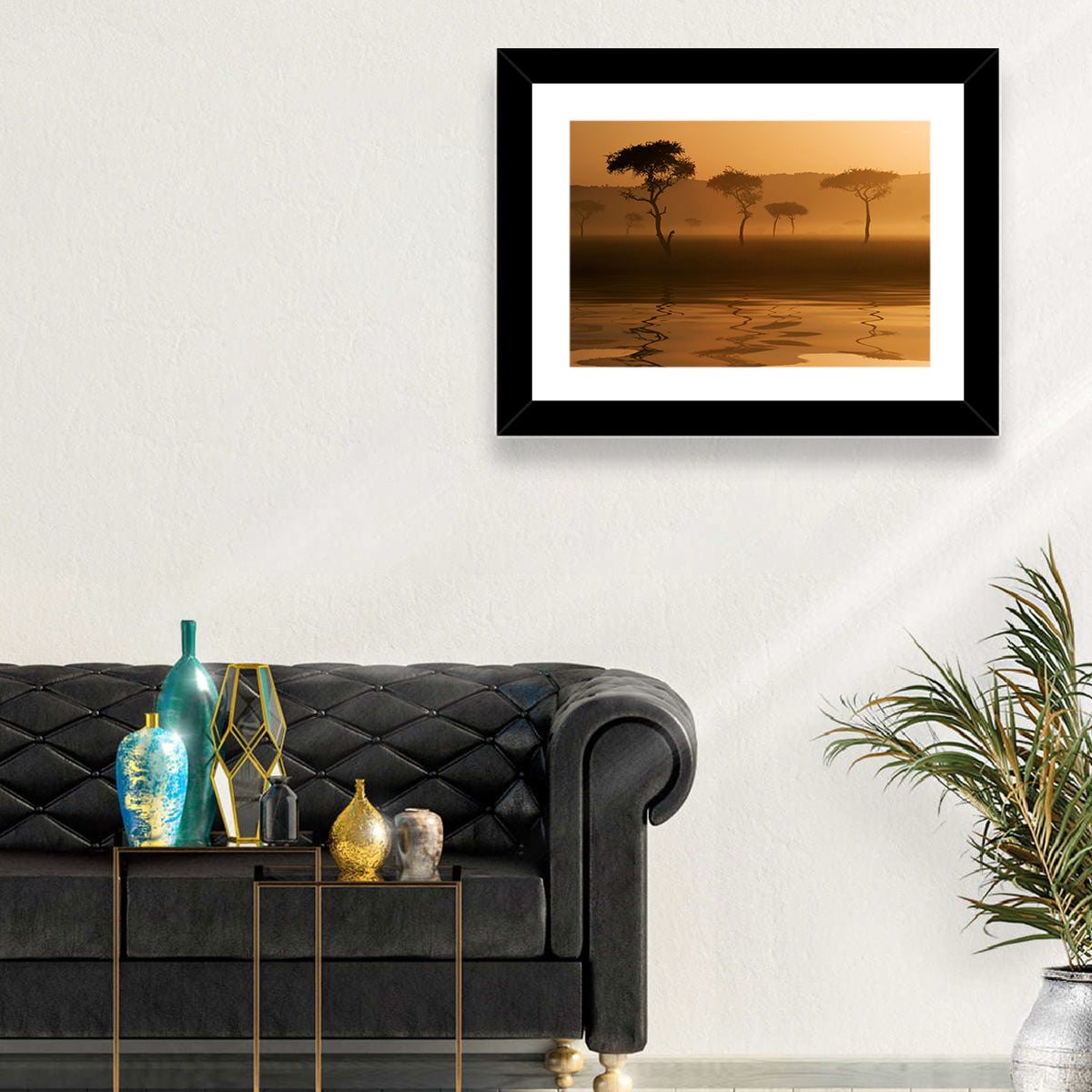 Savanna Sunset Acacia Silhouettes Wall Art in a room, landscape