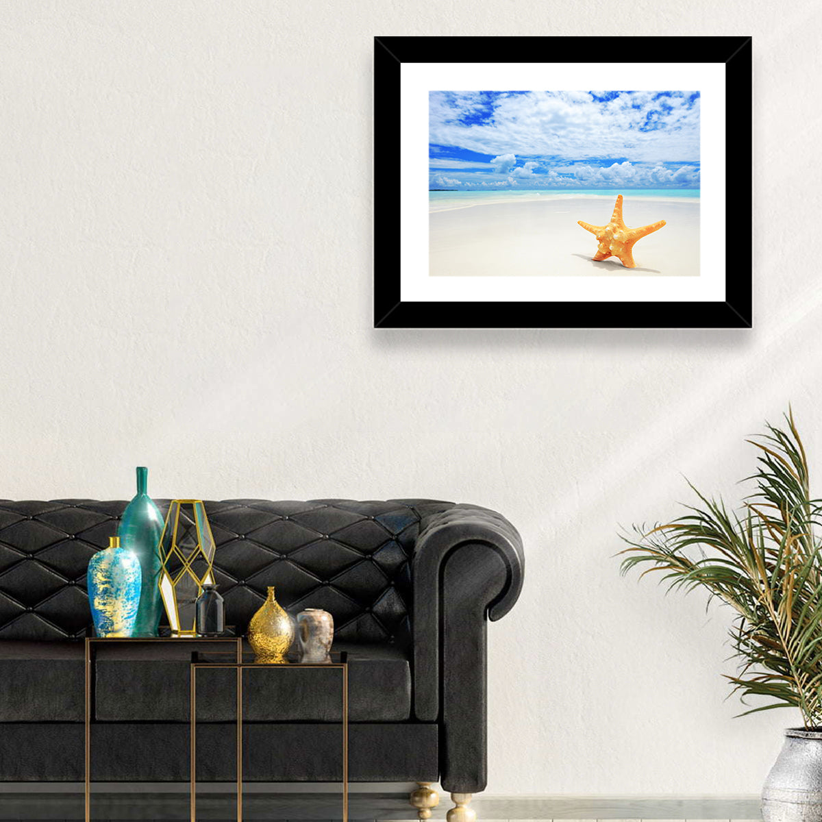 Minimalist Yellow Starfish on Turquoise Shore Wall Art in a room, landscape