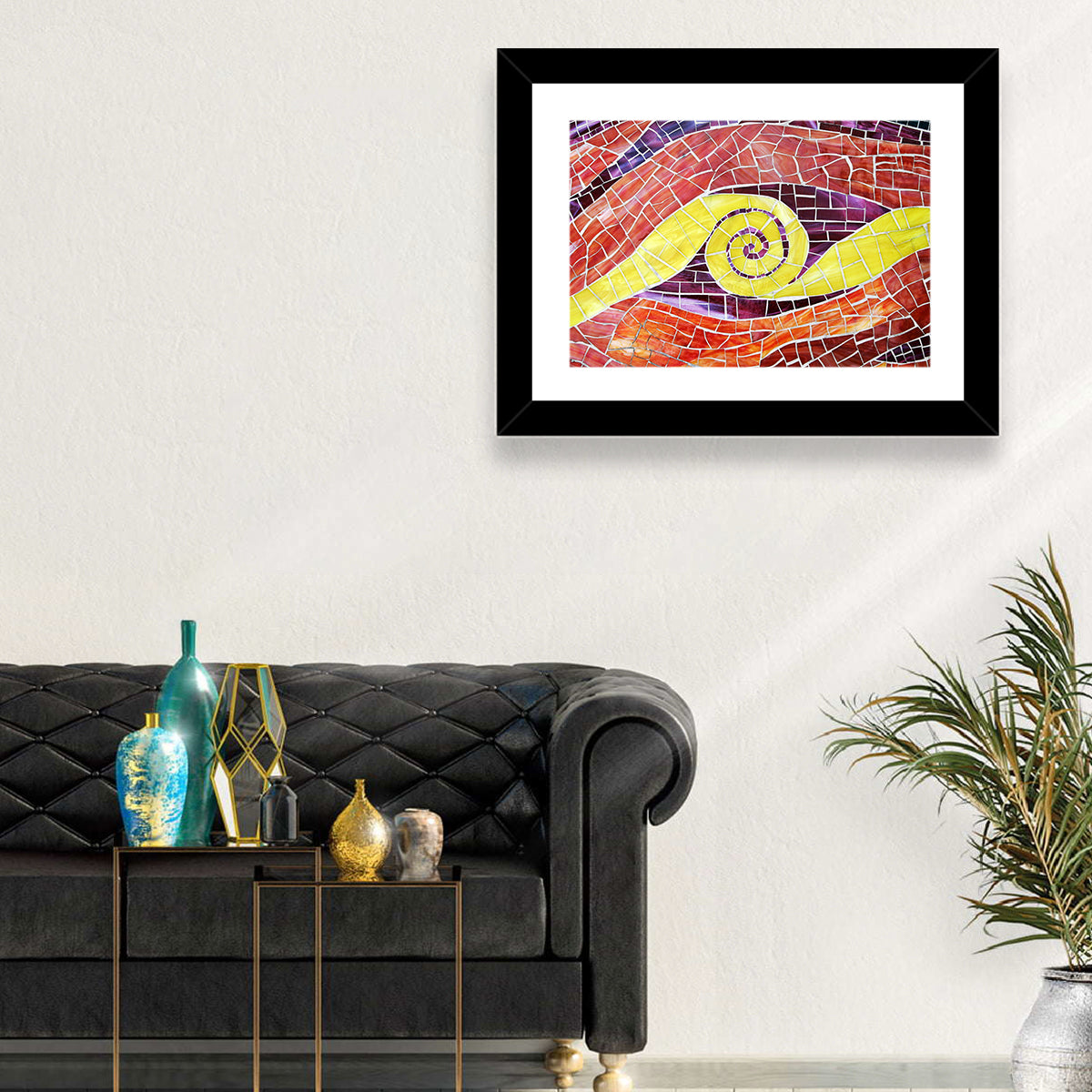Red and Yellow Spiral Mosaic Wall Art in a room, landscape