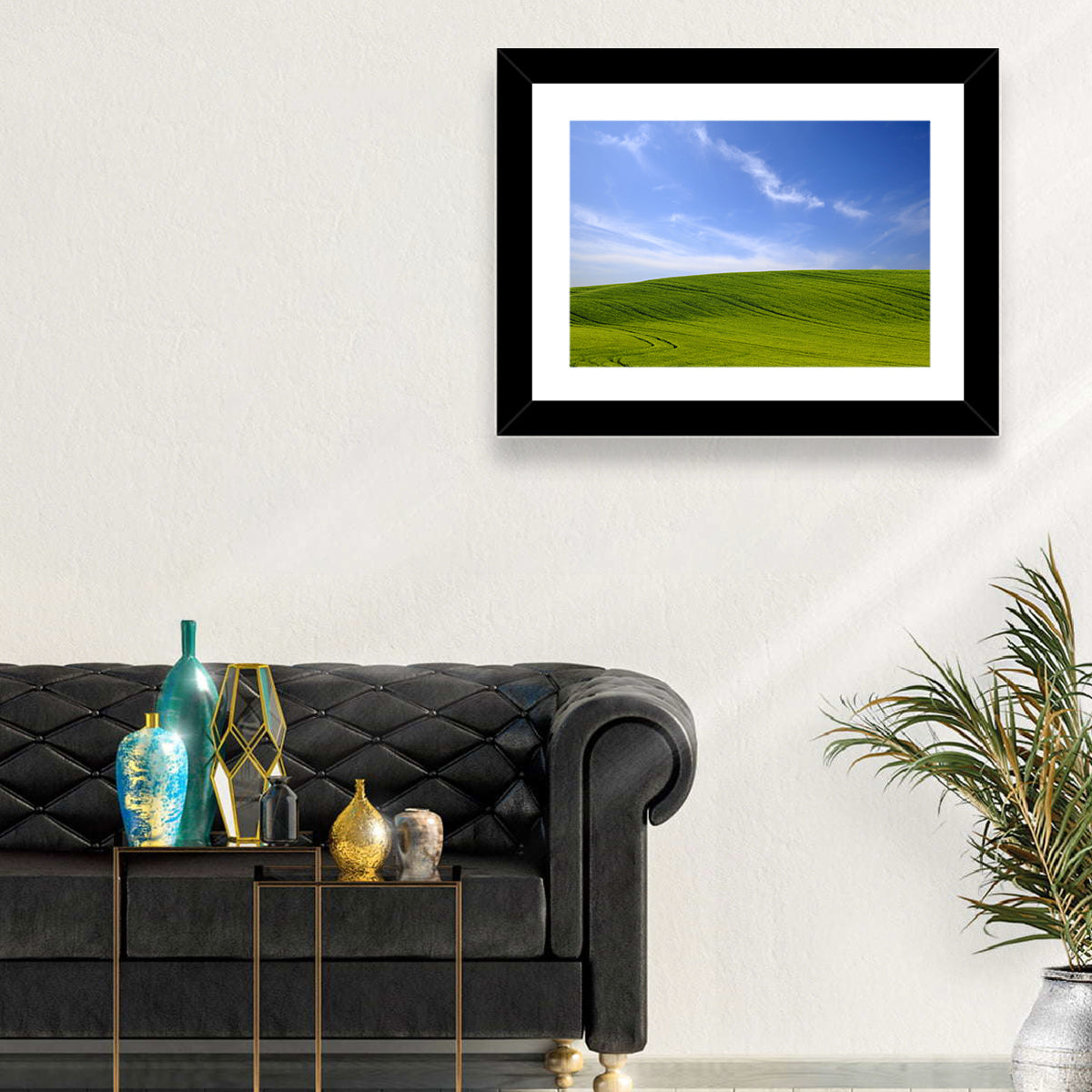 Rolling Green Hill with Blue Sky Wall Art in a room, landscape