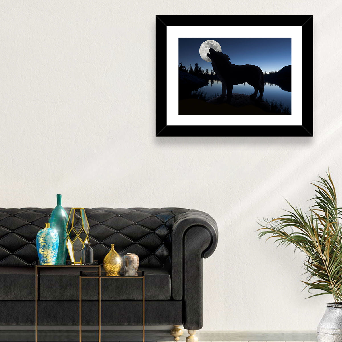 Howling Wolf at Full Moon Wall Art in a room, landscape