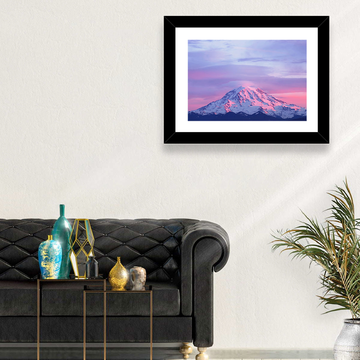 Mount Rainier Alpenglow with Lenticular Cloud Wall Art in a room, landscape
