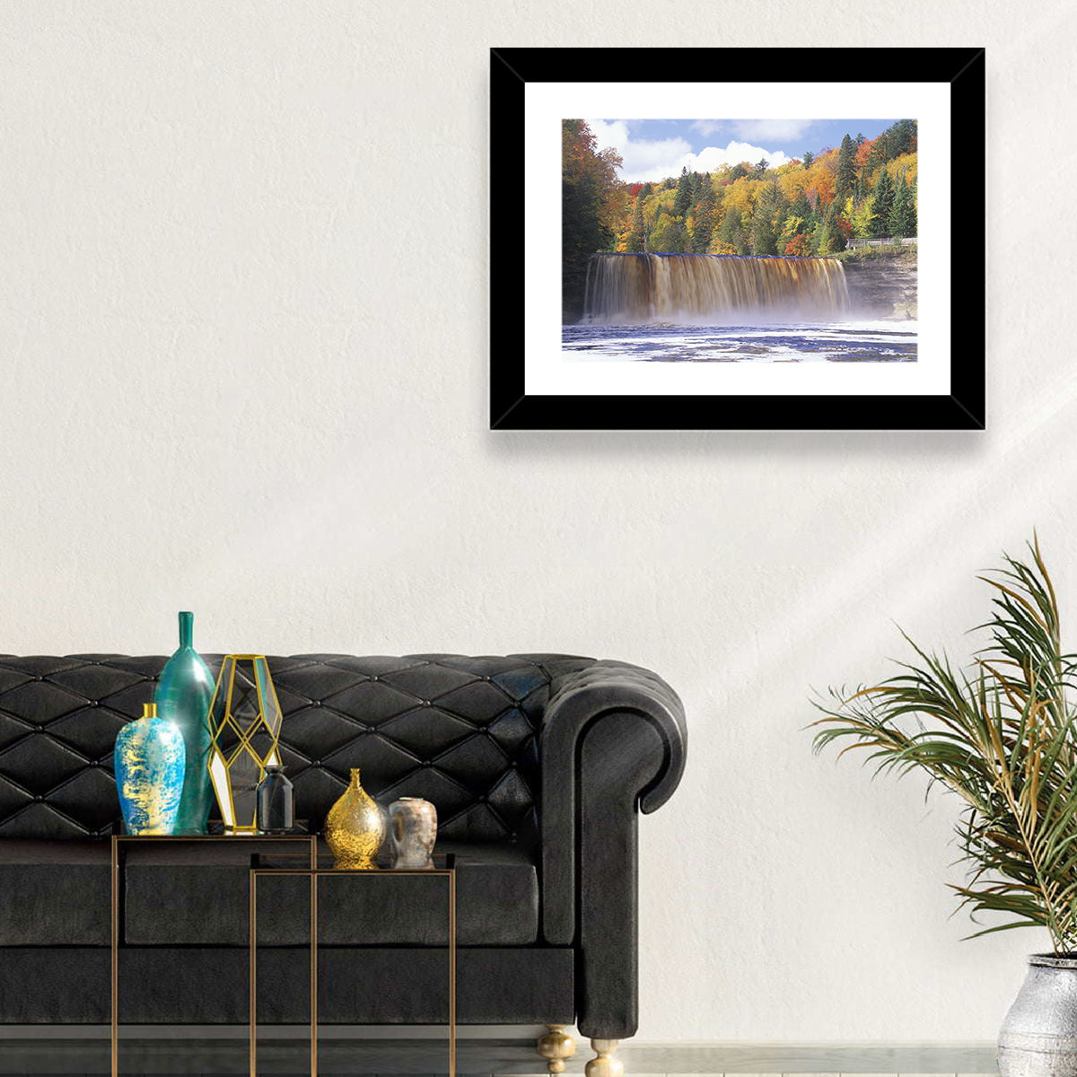 Tahquamenon Falls Autumn Waterfall Wall Art in a room, landscape