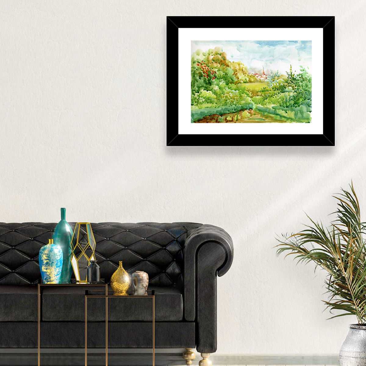 Red Steeple Village Watercolor Wall Art in a room, landscape