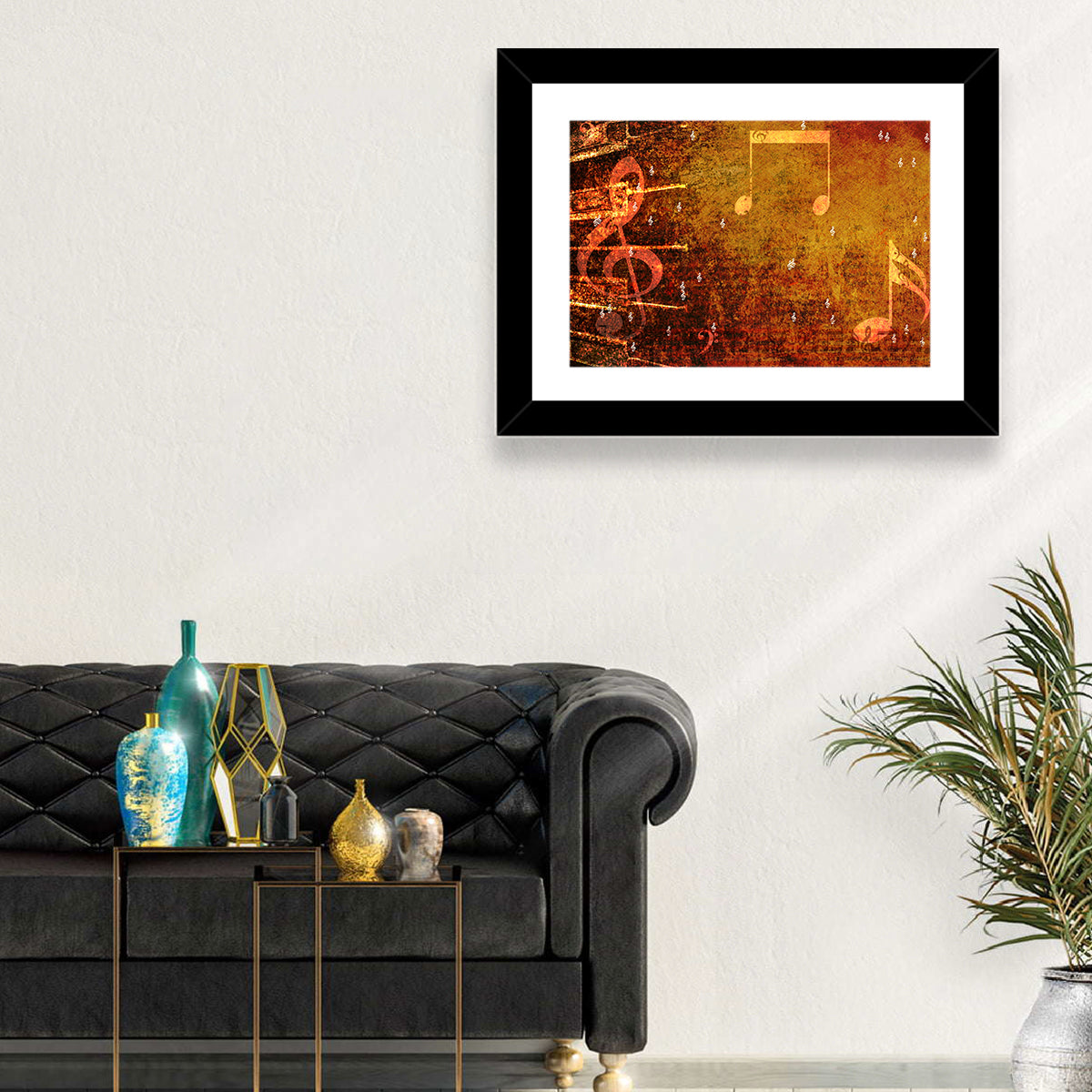 Grunge Sheet Music Collage Wall Art in a room, landscape